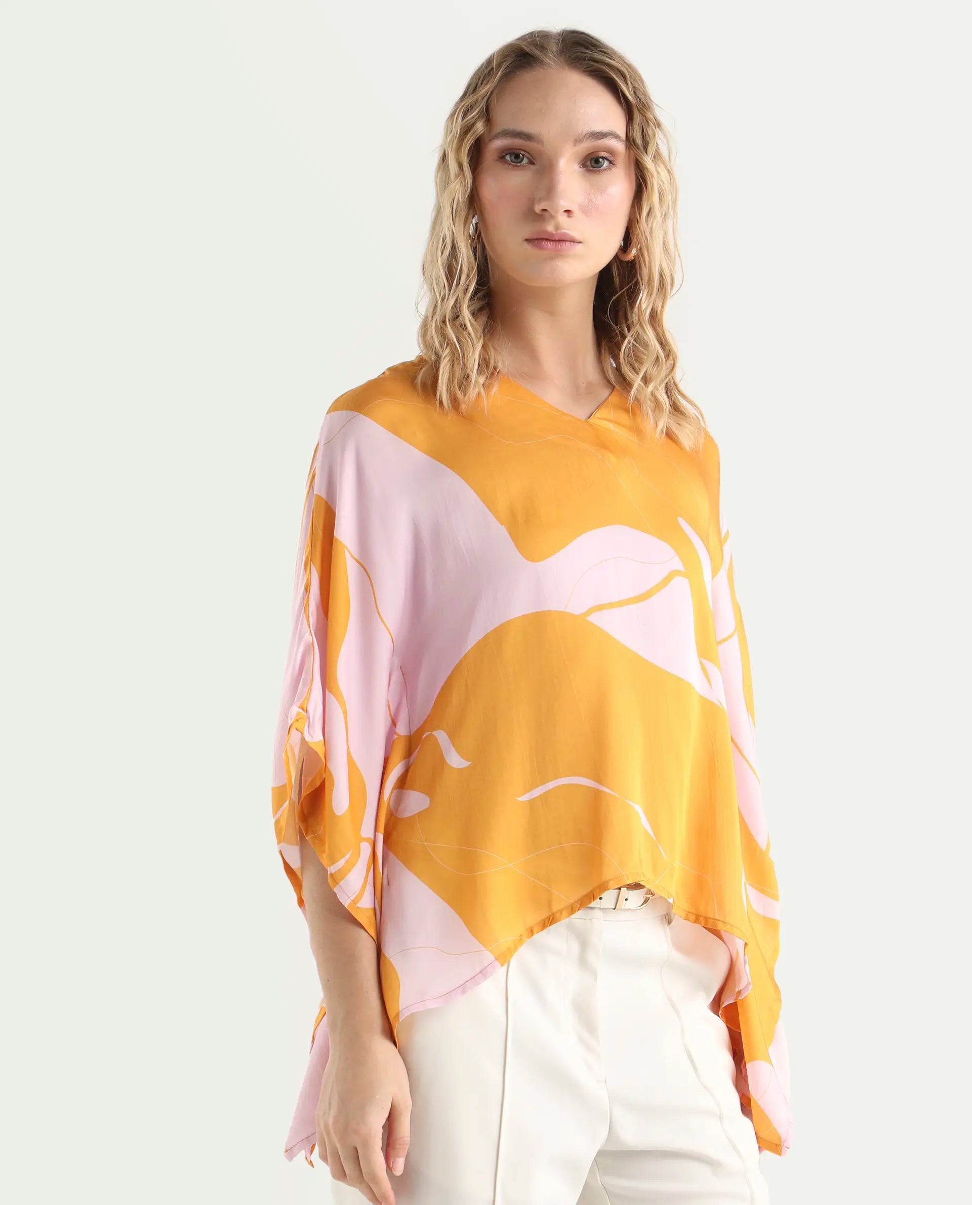 Rareism Women's Alyse Mustard Modal V-Neck Abstract Print Regular Fit Top