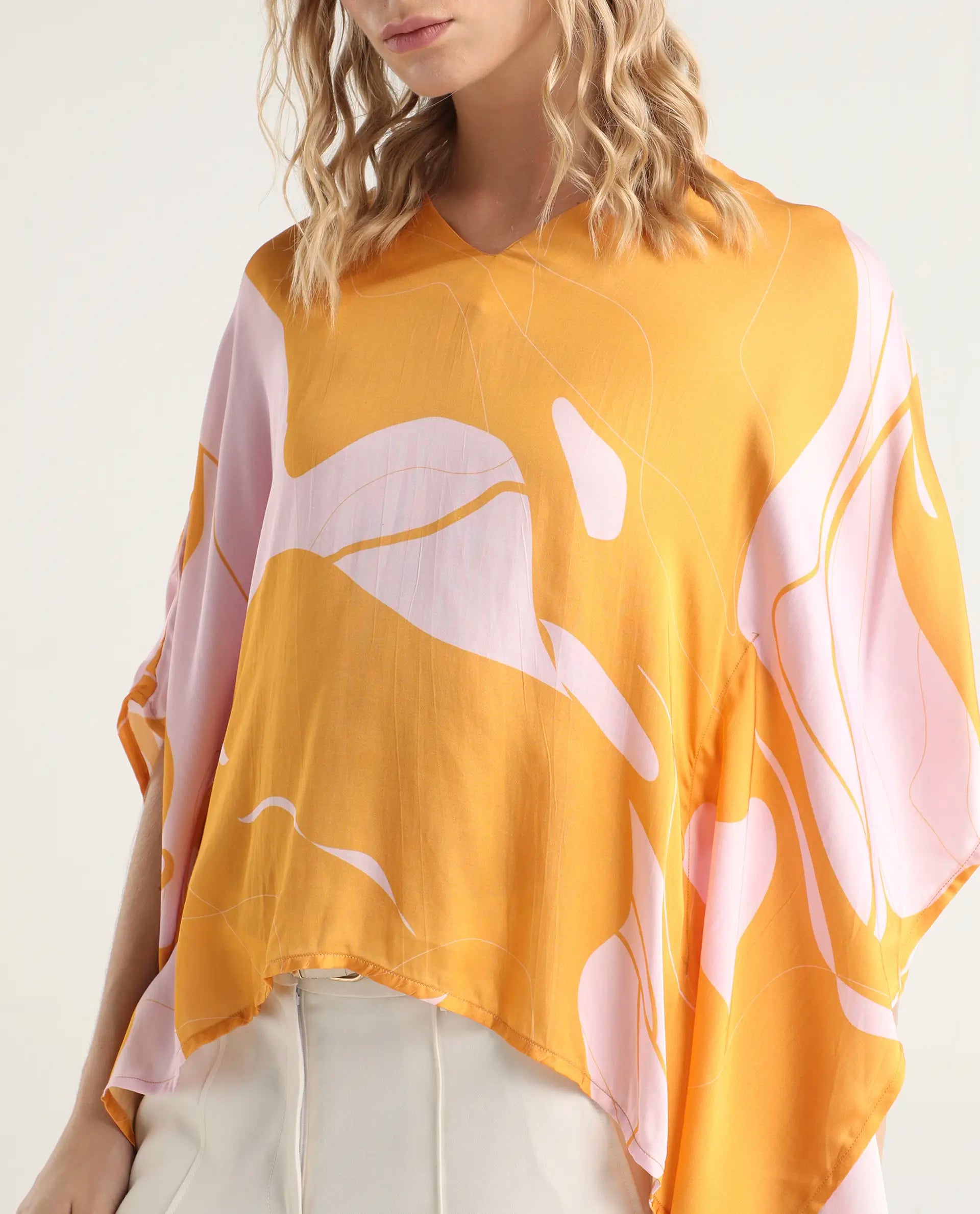 Rareism Women's Alyse Mustard Modal V-Neck Abstract Print Regular Fit Top