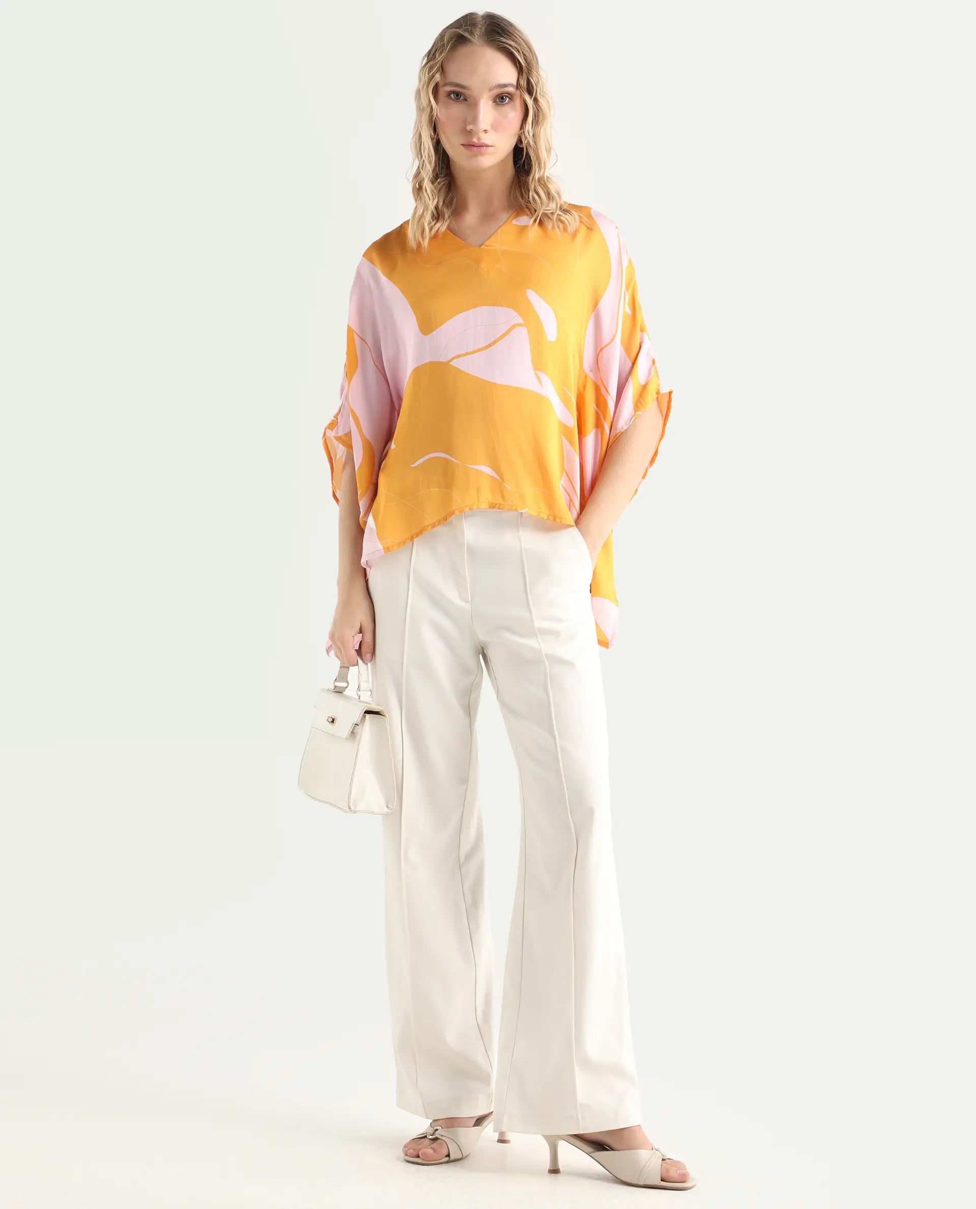 Rareism Women's Alyse Mustard Modal V-Neck Abstract Print Regular Fit Top