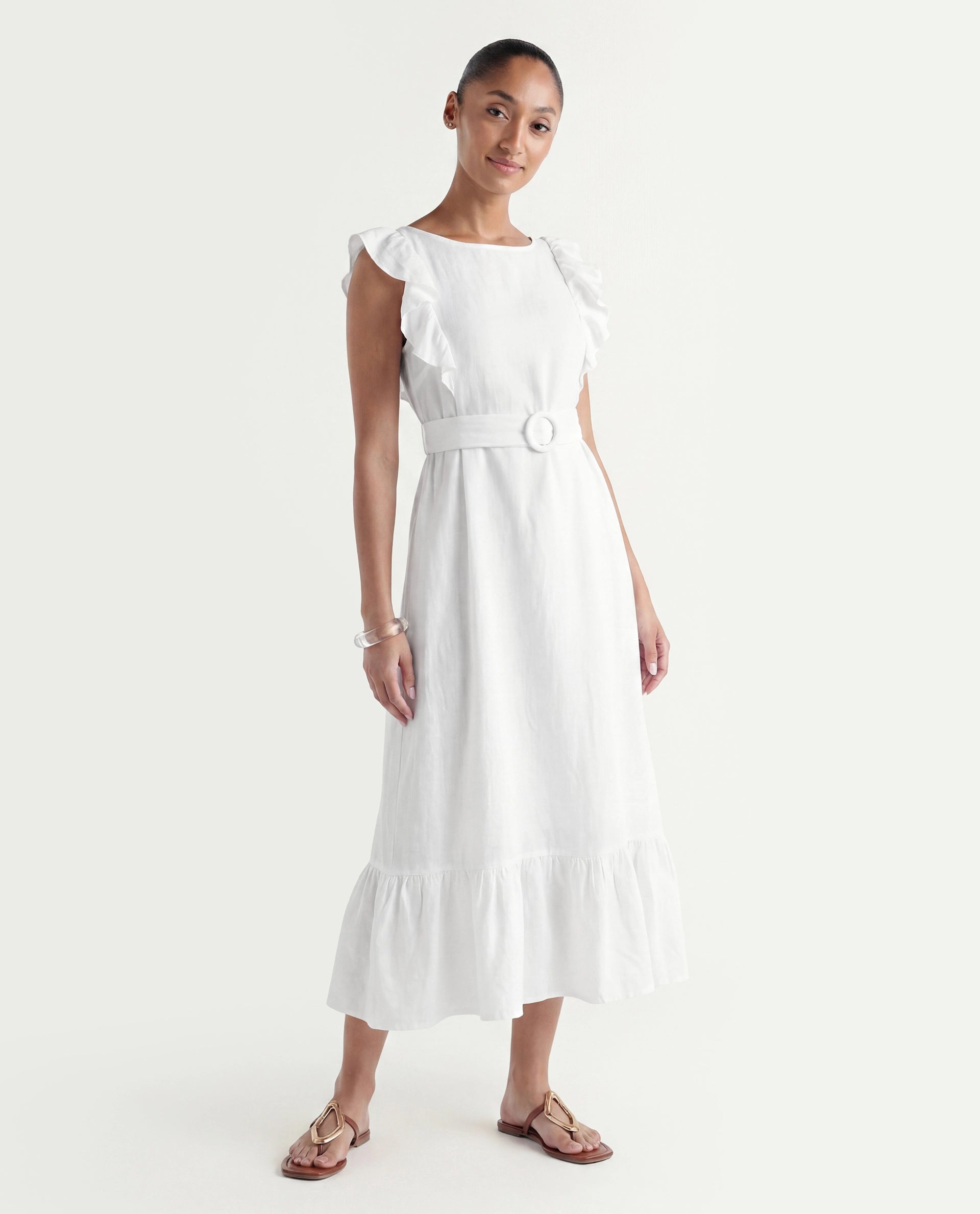 Rareism Women's Anne White Linen Boat Neck Plain Ruffled Sleeve Maxi Regular Fit Dress