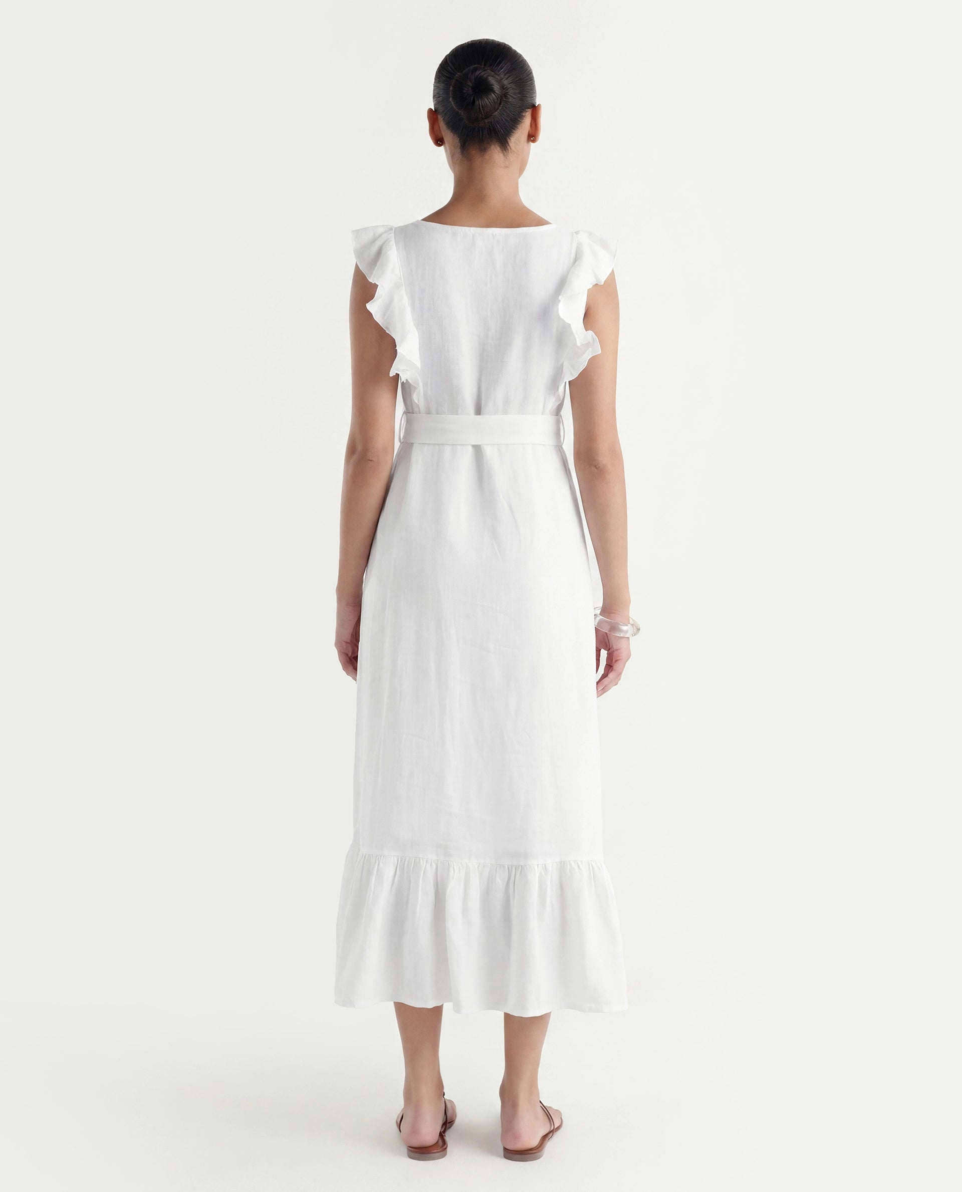 Rareism Women's Anne White Linen Boat Neck Plain Ruffled Sleeve Maxi Regular Fit Dress