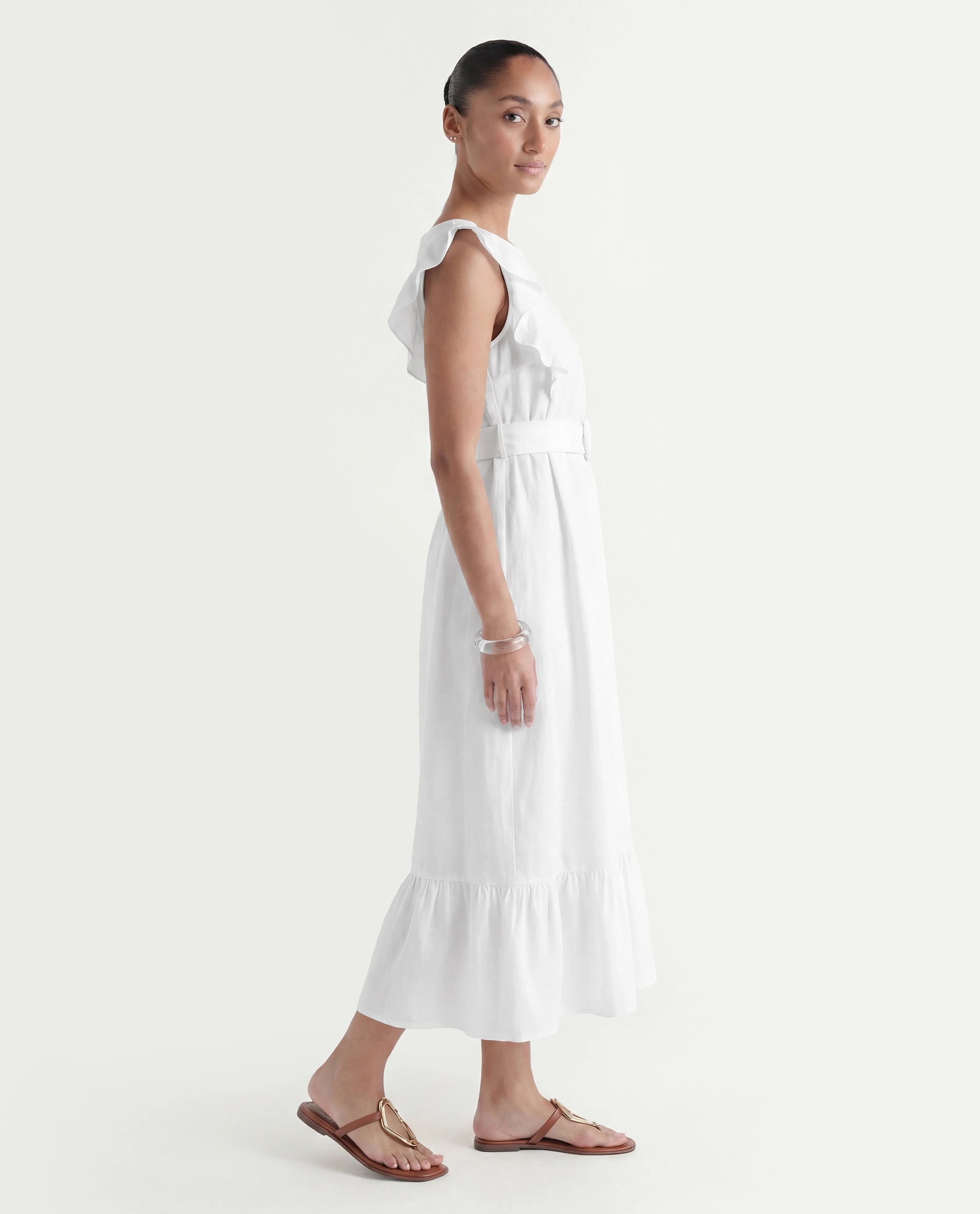 Rareism Women's Anne White Linen Boat Neck Plain Ruffled Sleeve Maxi Regular Fit Dress