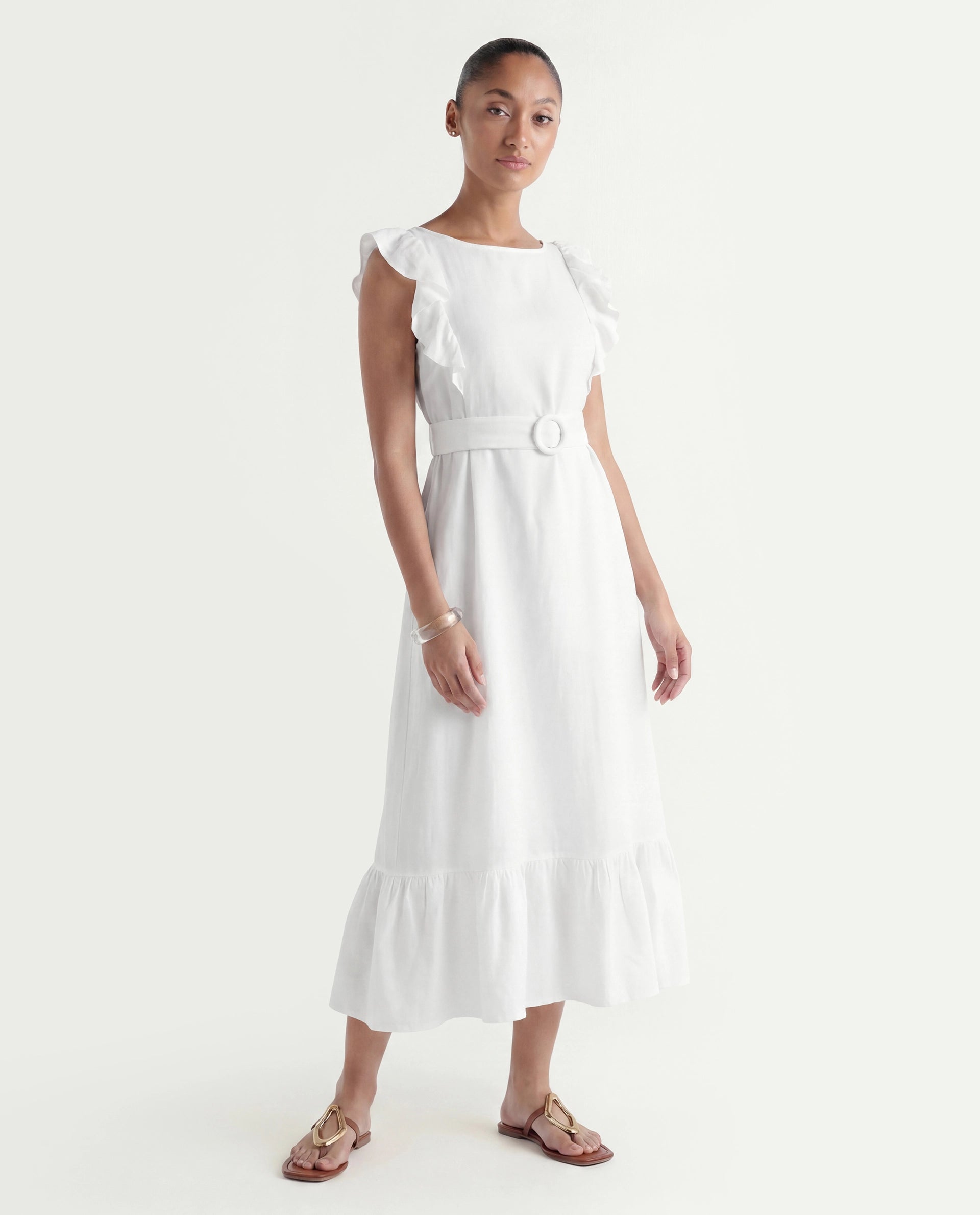 Rareism Women's Anne White Linen Boat Neck Plain Ruffled Sleeve Maxi Regular Fit Dress