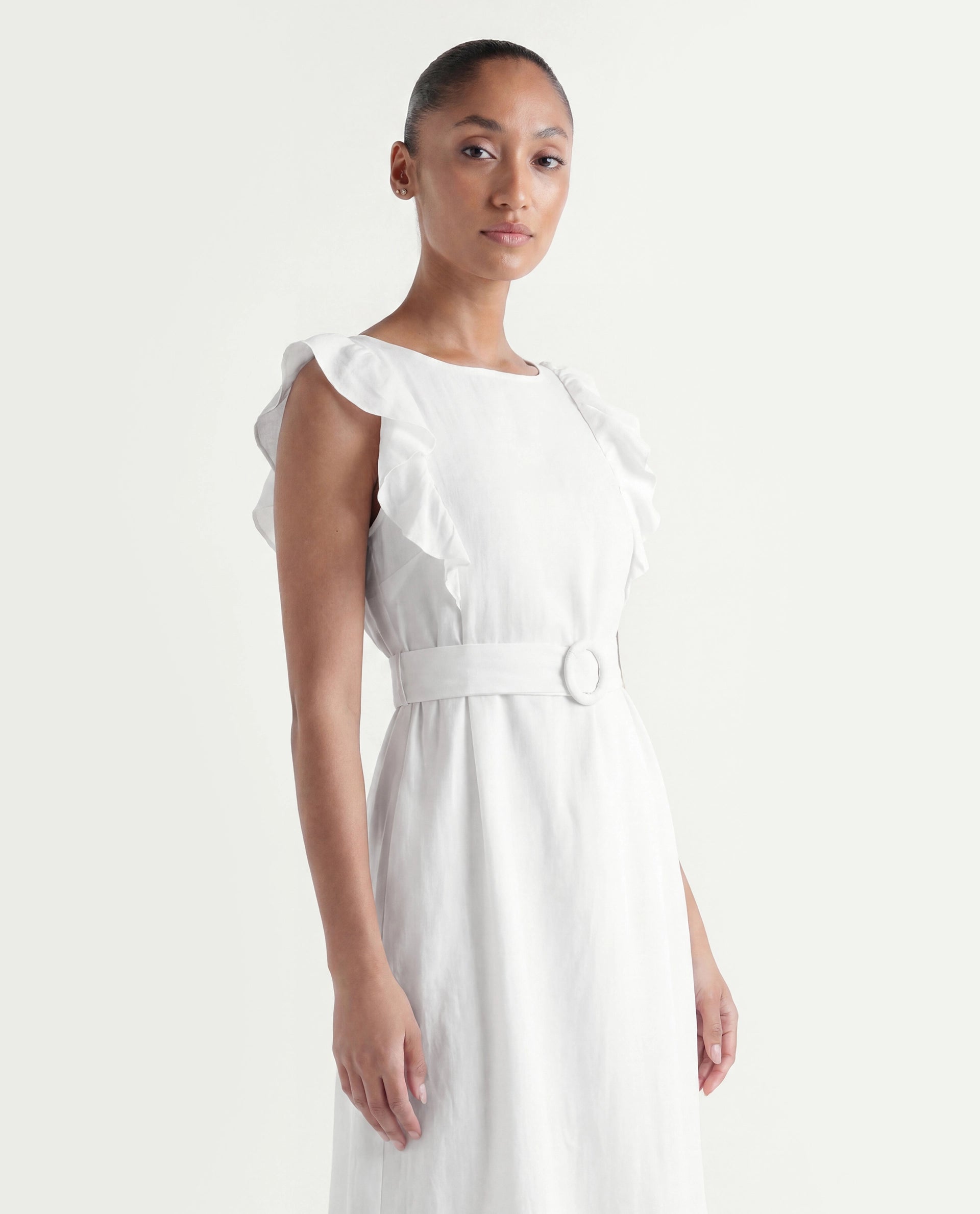 Rareism Women's Anne White Linen Boat Neck Plain Ruffled Sleeve Maxi Regular Fit Dress
