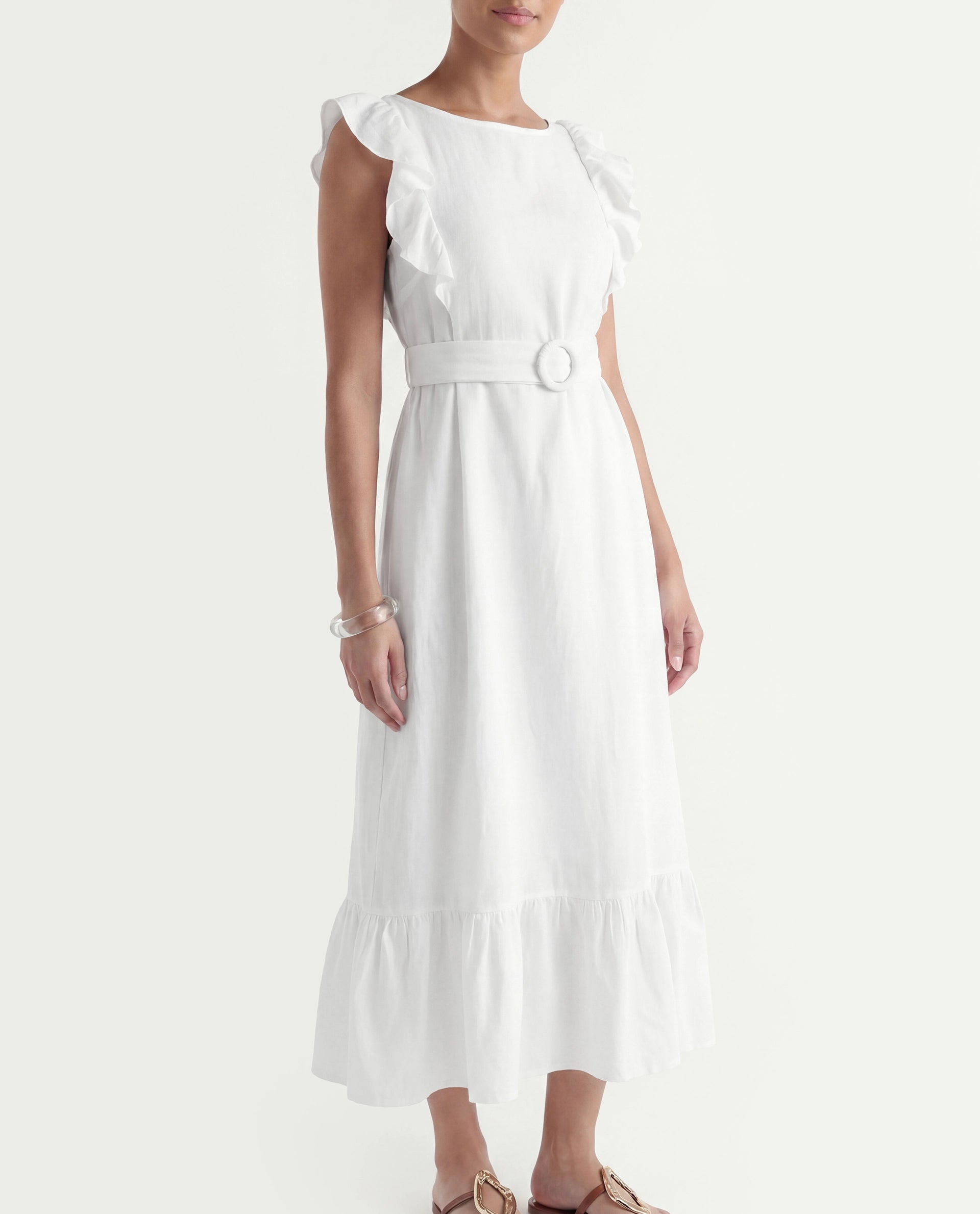 Rareism Women's Anne White Linen Boat Neck Plain Ruffled Sleeve Maxi Regular Fit Dress