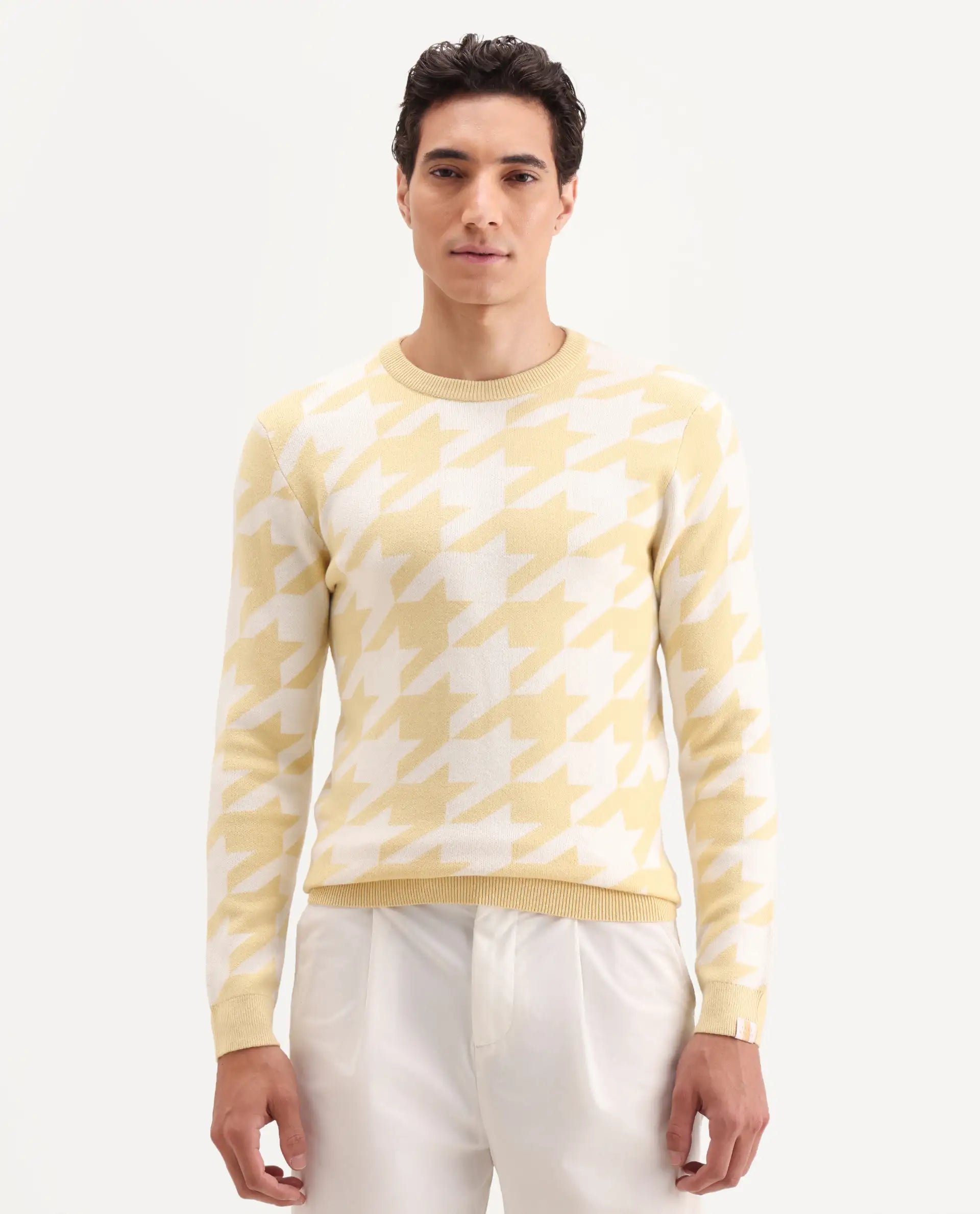 Rare Rabbit Men's Honder Yellow Viscose Jacquard Relaxed Fit Full Sleeve Crew Neck Sweater