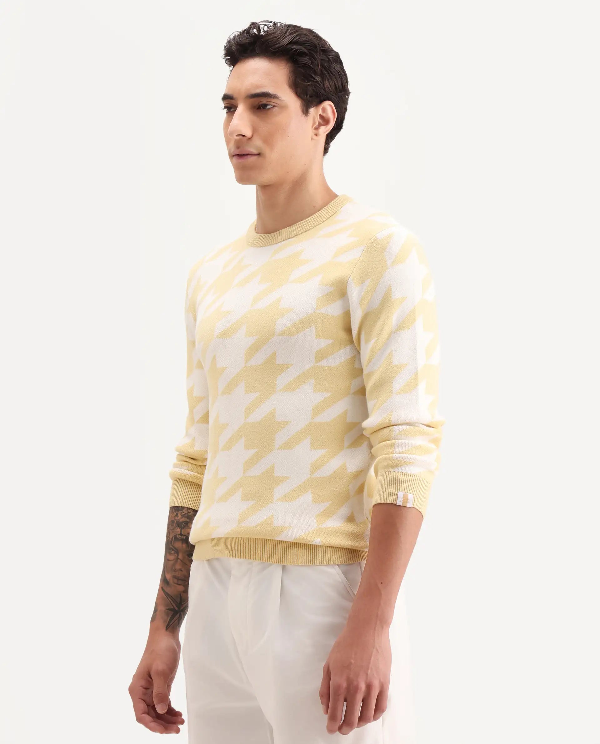 Rare Rabbit Men's Honder Yellow Viscose Jacquard Relaxed Fit Full Sleeve Crew Neck Sweater