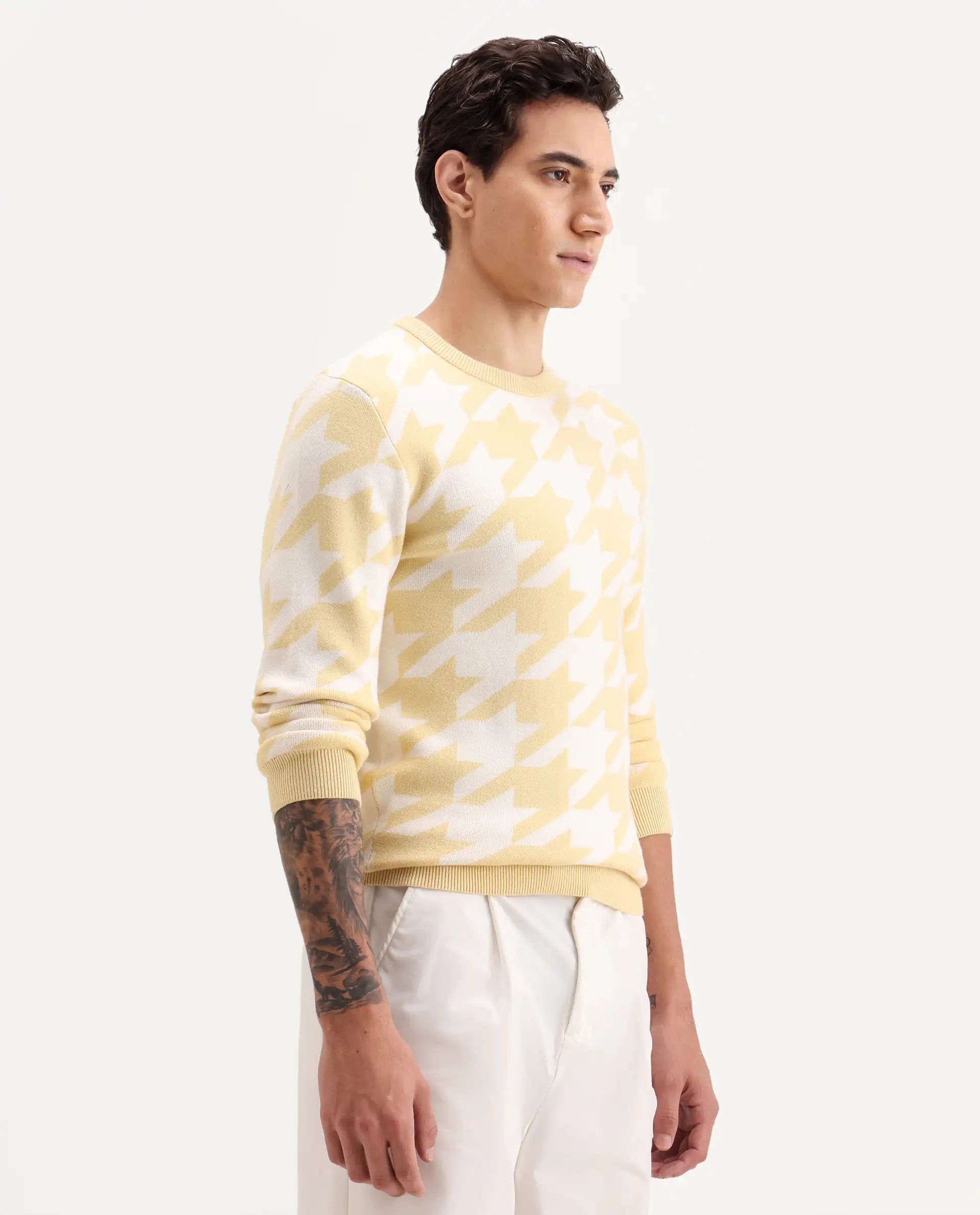 Rare Rabbit Men's Honder Yellow Viscose Jacquard Relaxed Fit Full Sleeve Crew Neck Sweater