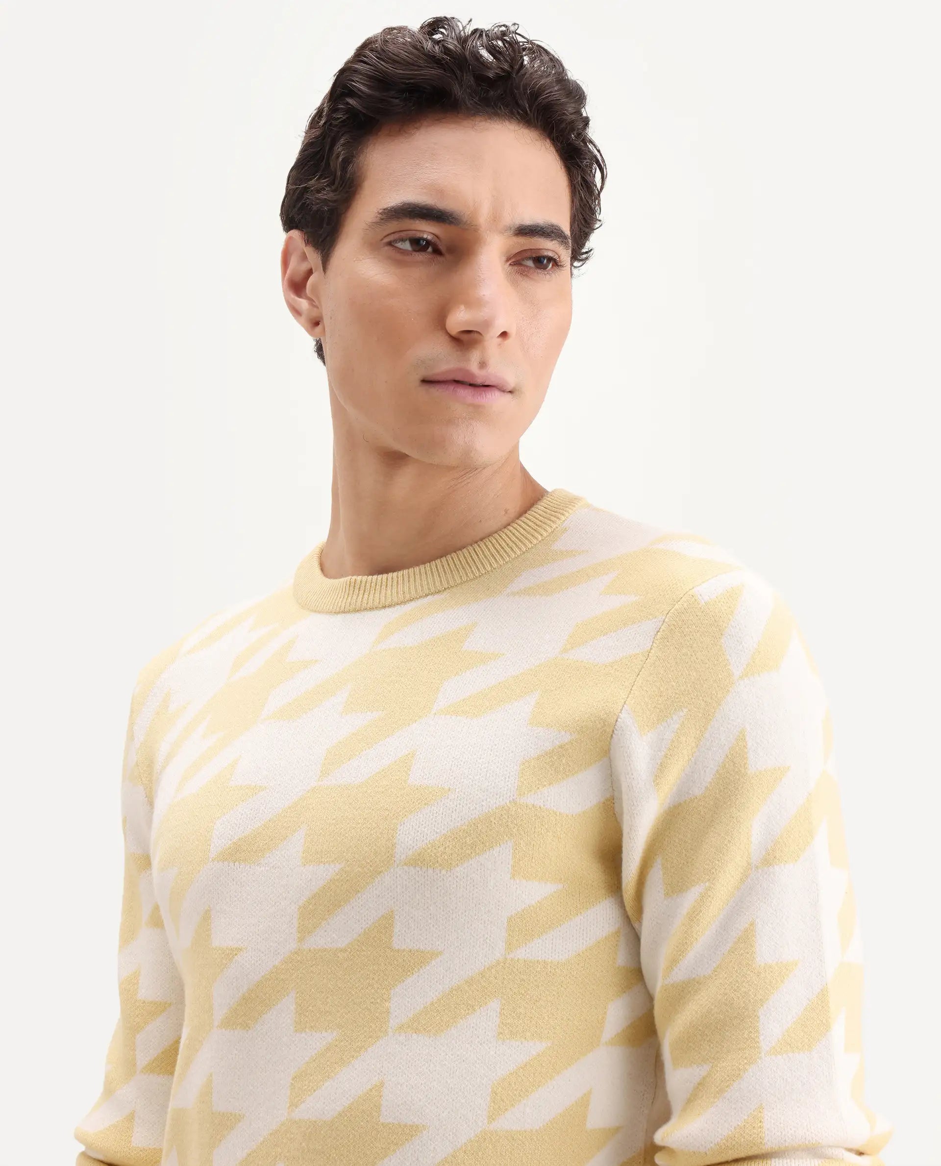 Rare Rabbit Men's Honder Yellow Viscose Jacquard Relaxed Fit Full Sleeve Crew Neck Sweater
