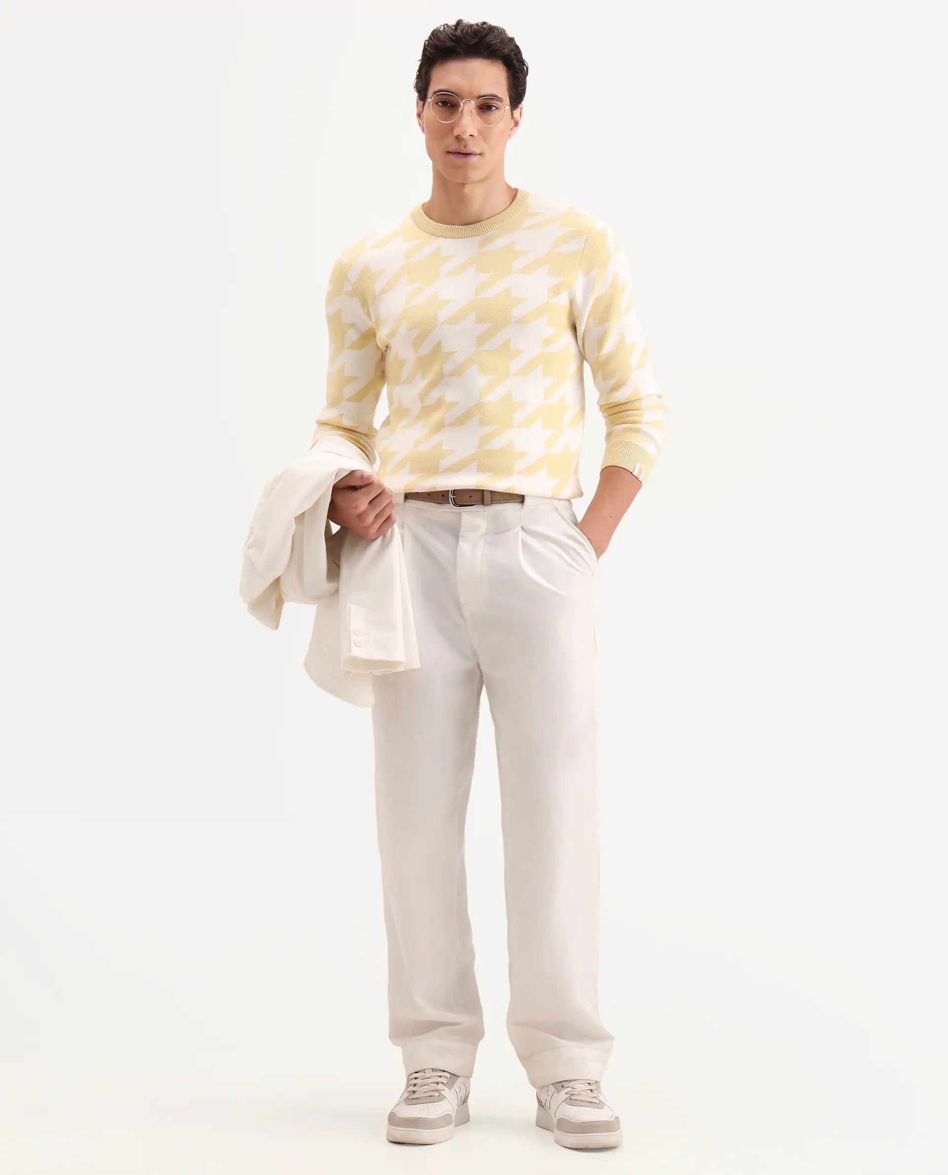 Rare Rabbit Men's Honder Yellow Viscose Jacquard Relaxed Fit Full Sleeve Crew Neck Sweater