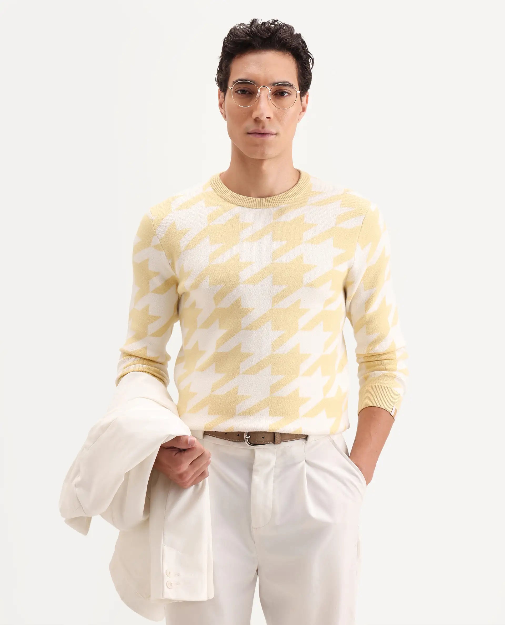 Rare Rabbit Men's Honder Yellow Viscose Jacquard Relaxed Fit Full Sleeve Crew Neck Sweater