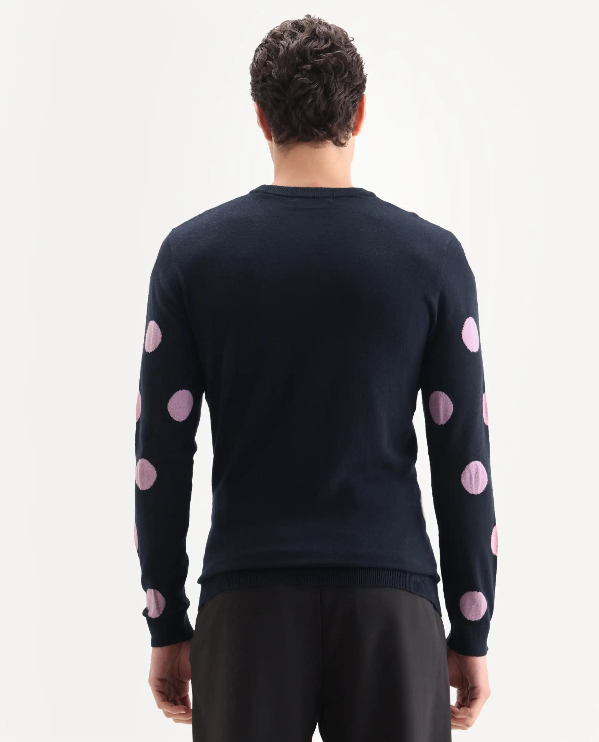 Rare Rabbit Men's Deremy Navy Viscose Polka Print Relaxed Fit Full Sleeve Crew Neck Sweater