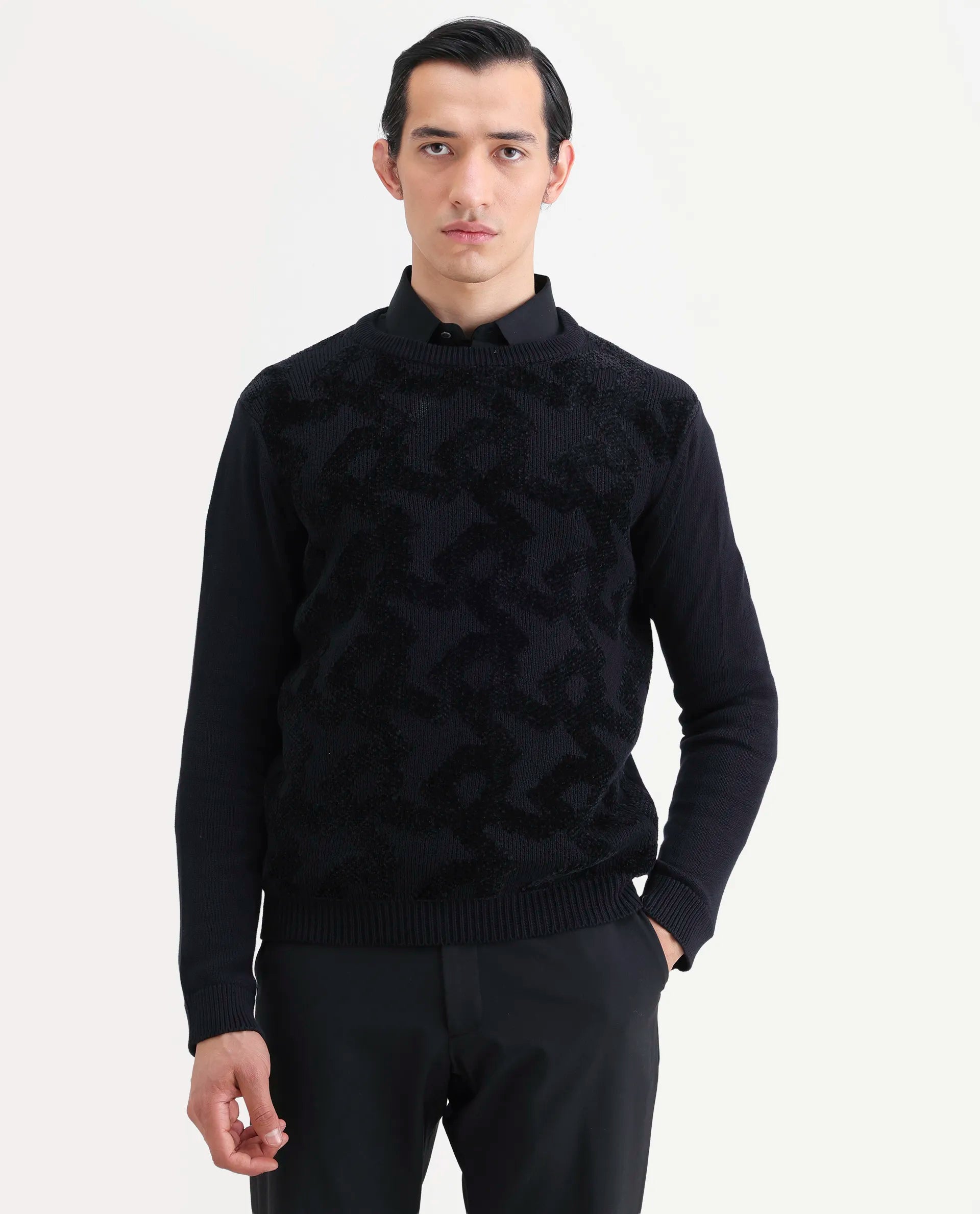 Rare Rabbit Men's Fink Black Cotton Monogram Print Relaxed Fit Full Sleeve Crew Neck Sweater