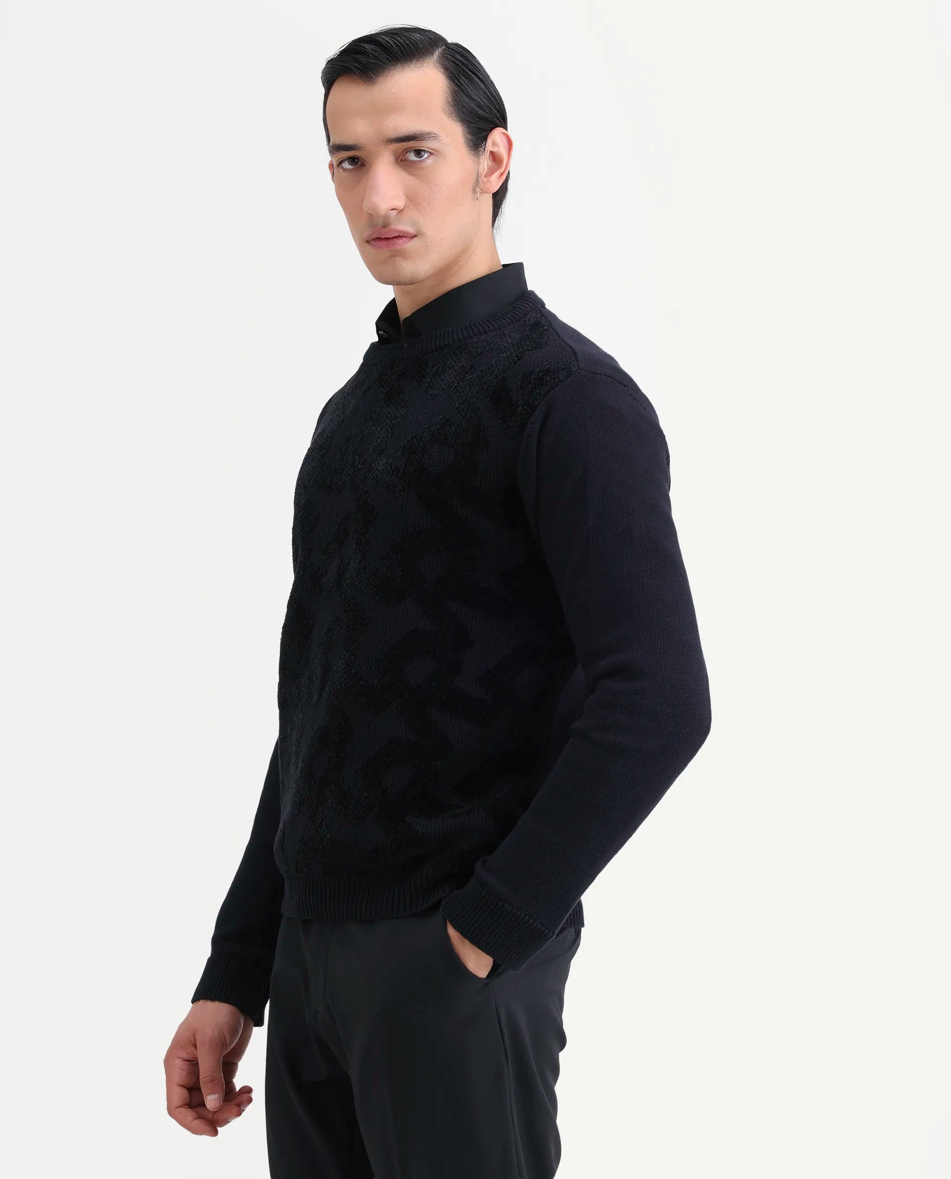 Rare Rabbit Men's Fink Black Cotton Monogram Print Relaxed Fit Full Sleeve Crew Neck Sweater