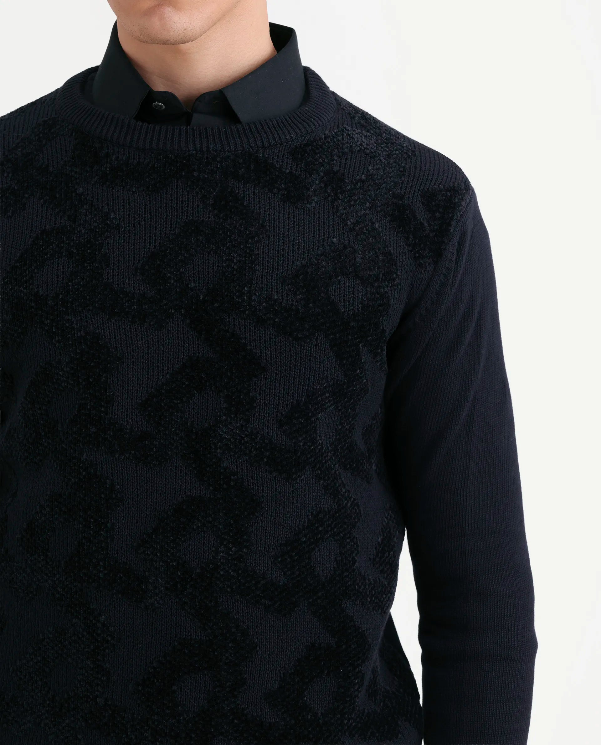 Rare Rabbit Men's Fink Black Cotton Monogram Print Relaxed Fit Full Sleeve Crew Neck Sweater