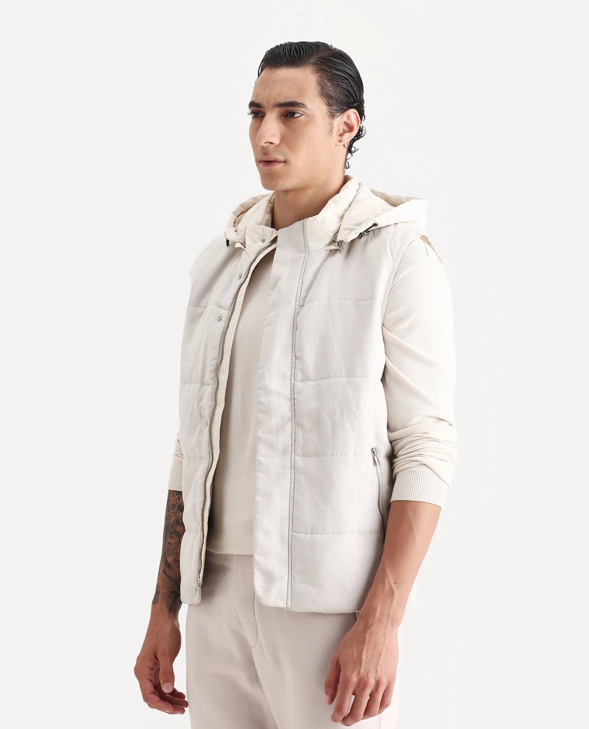 Rare Rabbit Men's Raldo Beige Suede Plain Regular Fit Sleeveless Hooded Jacket