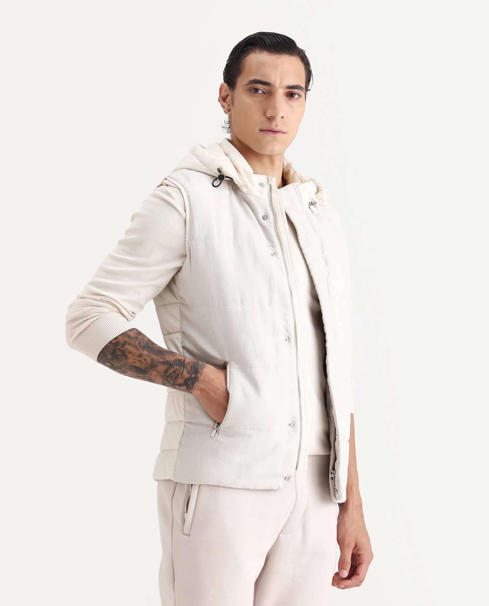 Rare Rabbit Men's Raldo Beige Suede Plain Regular Fit Sleeveless Hooded Jacket