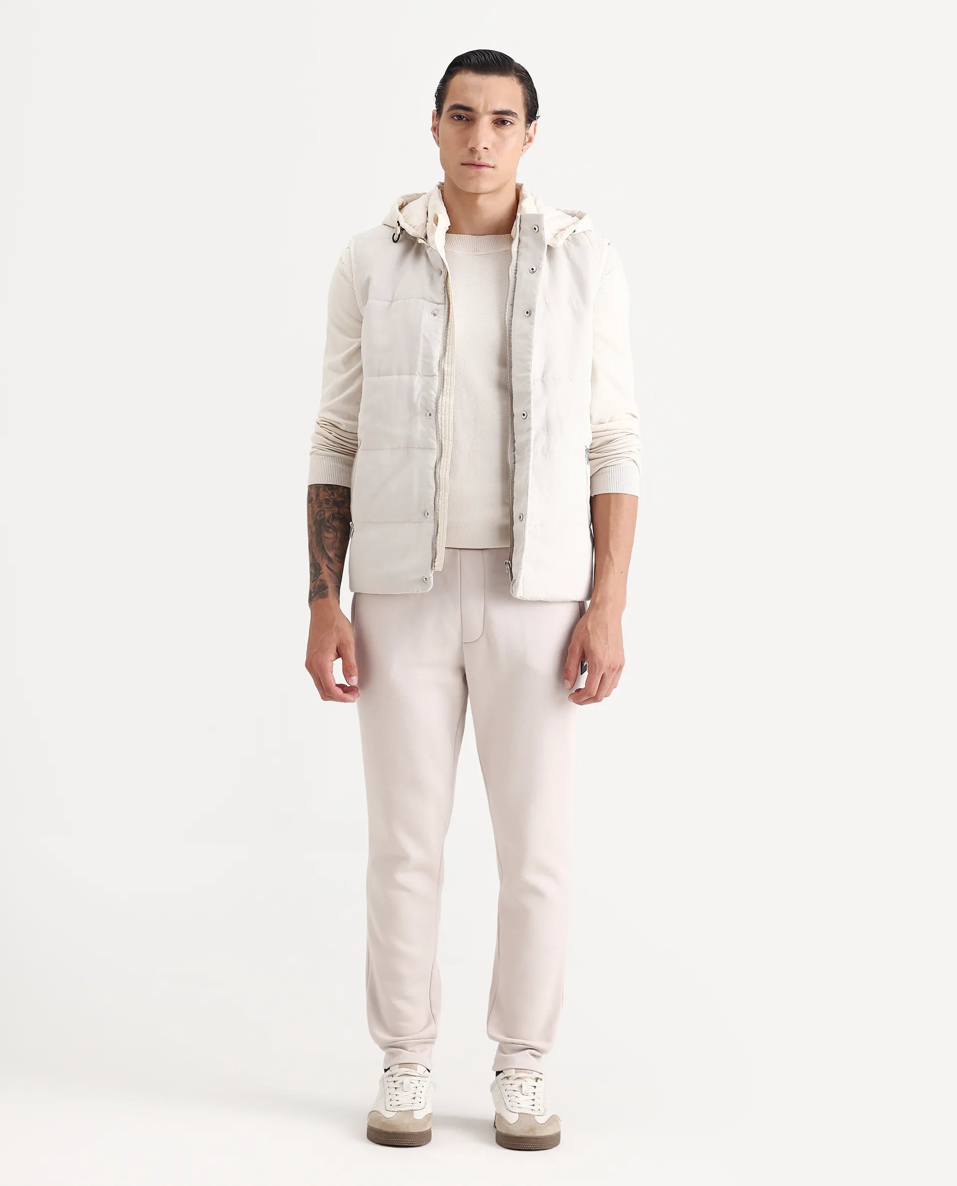 Rare Rabbit Men's Raldo Beige Suede Plain Regular Fit Sleeveless Hooded Jacket