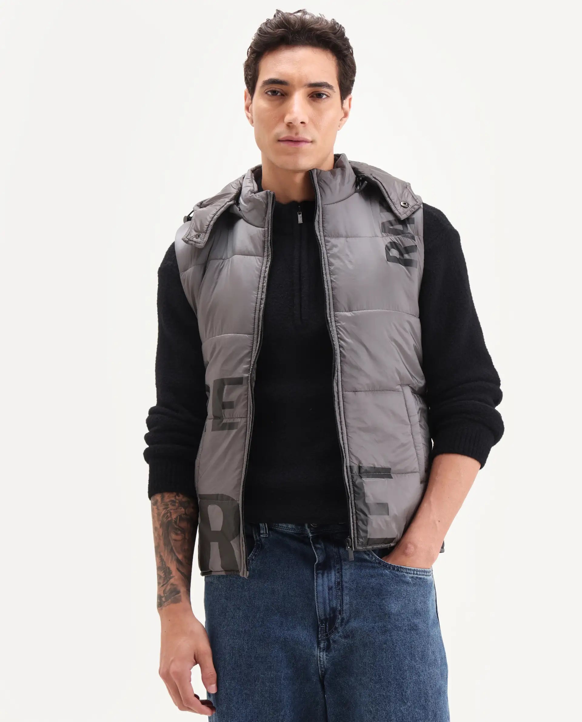 Rare Rabbit Men's Clovex Dark Grey Nylon Monogram Print Regular Fit Sleeveless Hooded Jacket
