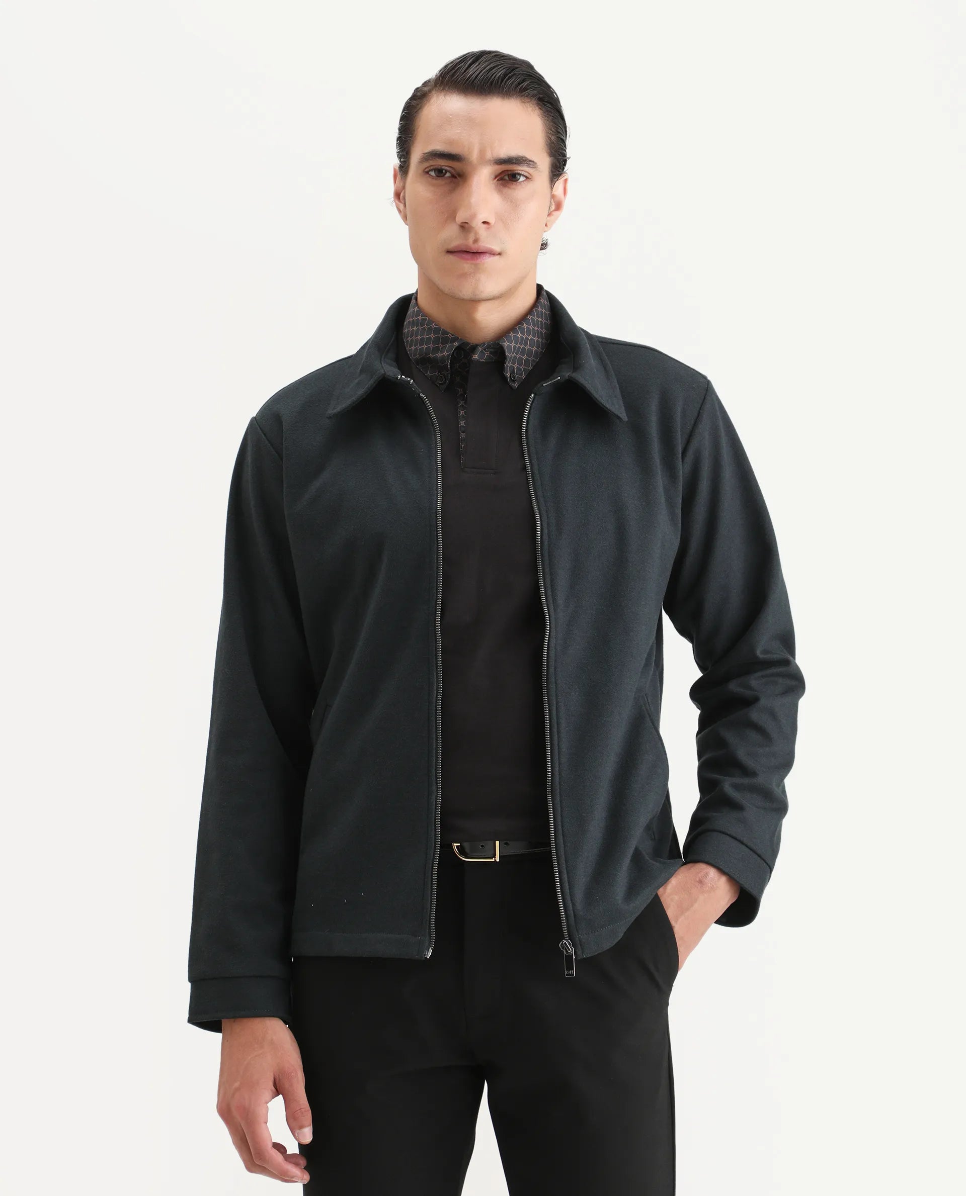 Rare Rabbit Men's Diaz Dark Petrol Polyester Plain Tailored Fit Full Sleeve Spread Collar Jacket