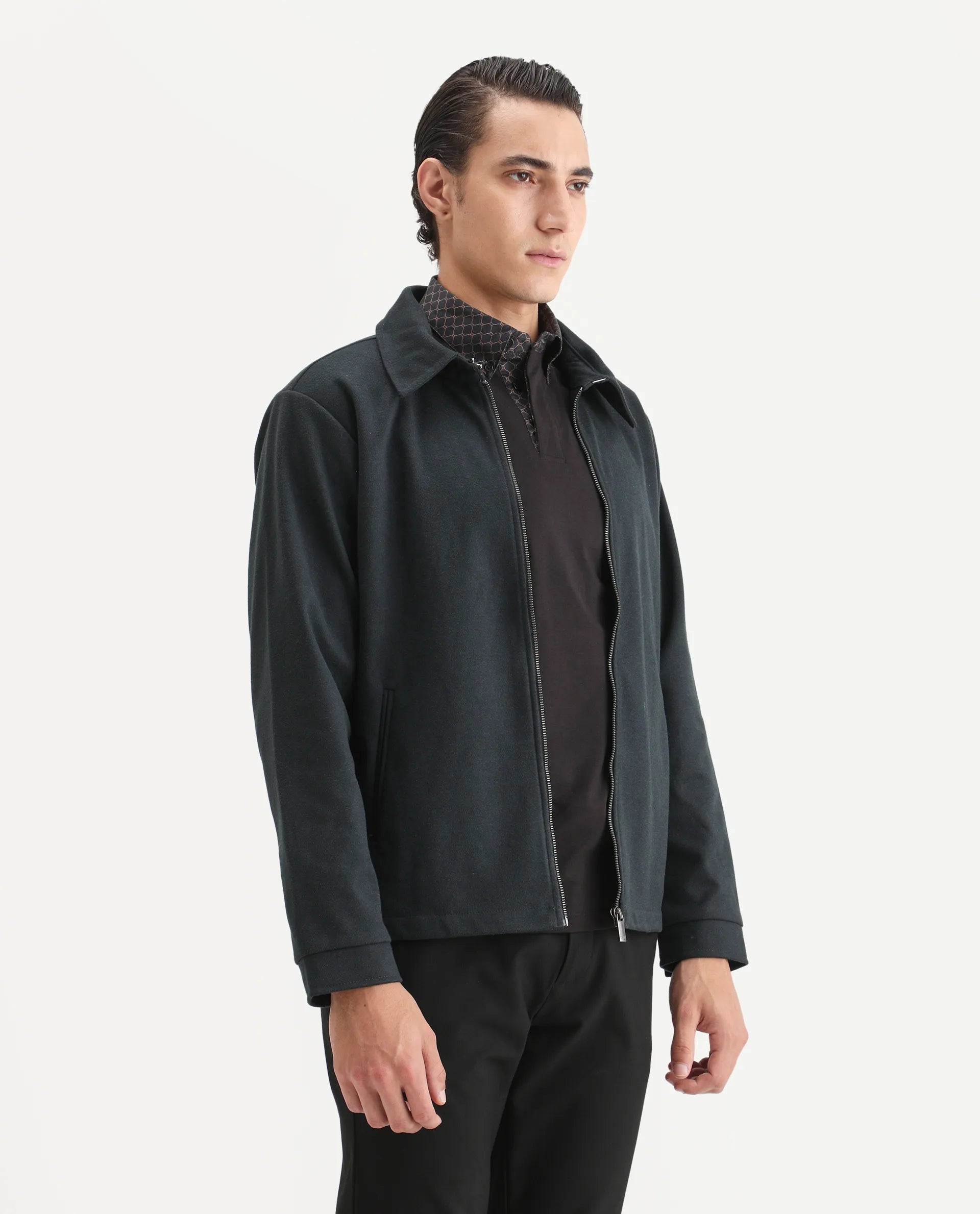 Rare Rabbit Men's Diaz Dark Petrol Polyester Plain Tailored Fit Full Sleeve Spread Collar Jacket