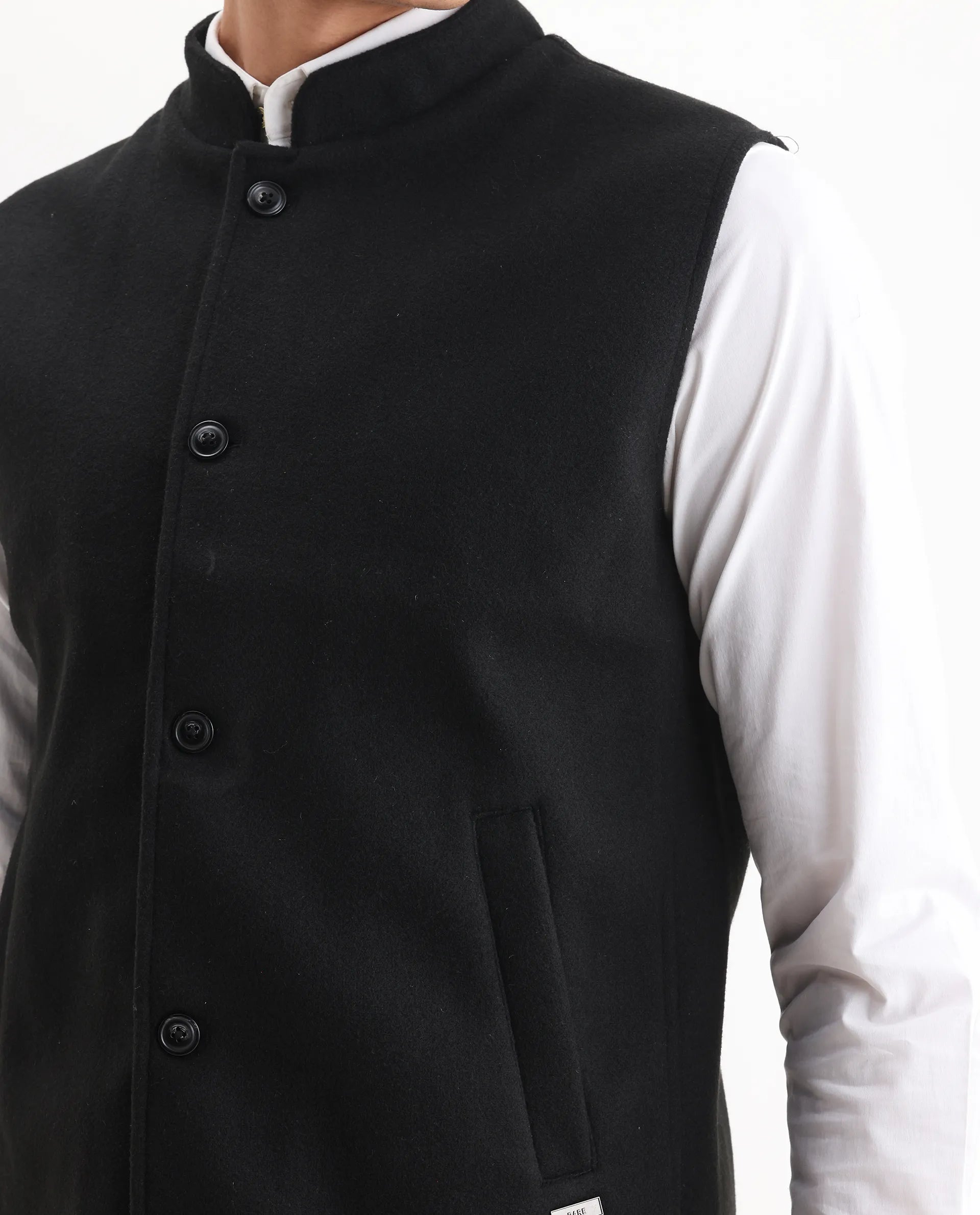 Rare Rabbit Men's Thermo Black Polyester Plain Regular Fit Sleeveless High Neck Jacket