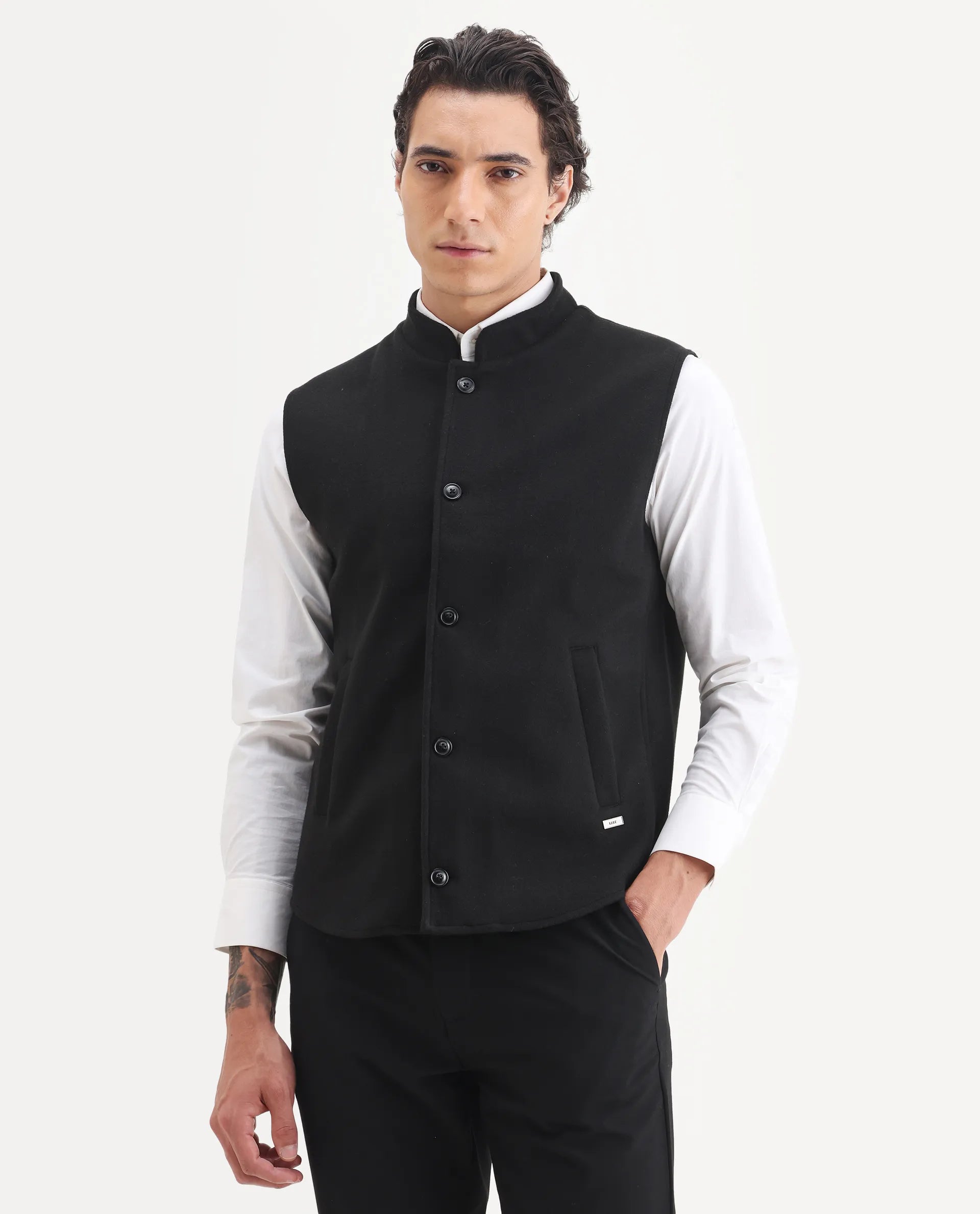 Rare Rabbit Men's Thermo Black Polyester Plain Regular Fit Sleeveless High Neck Jacket