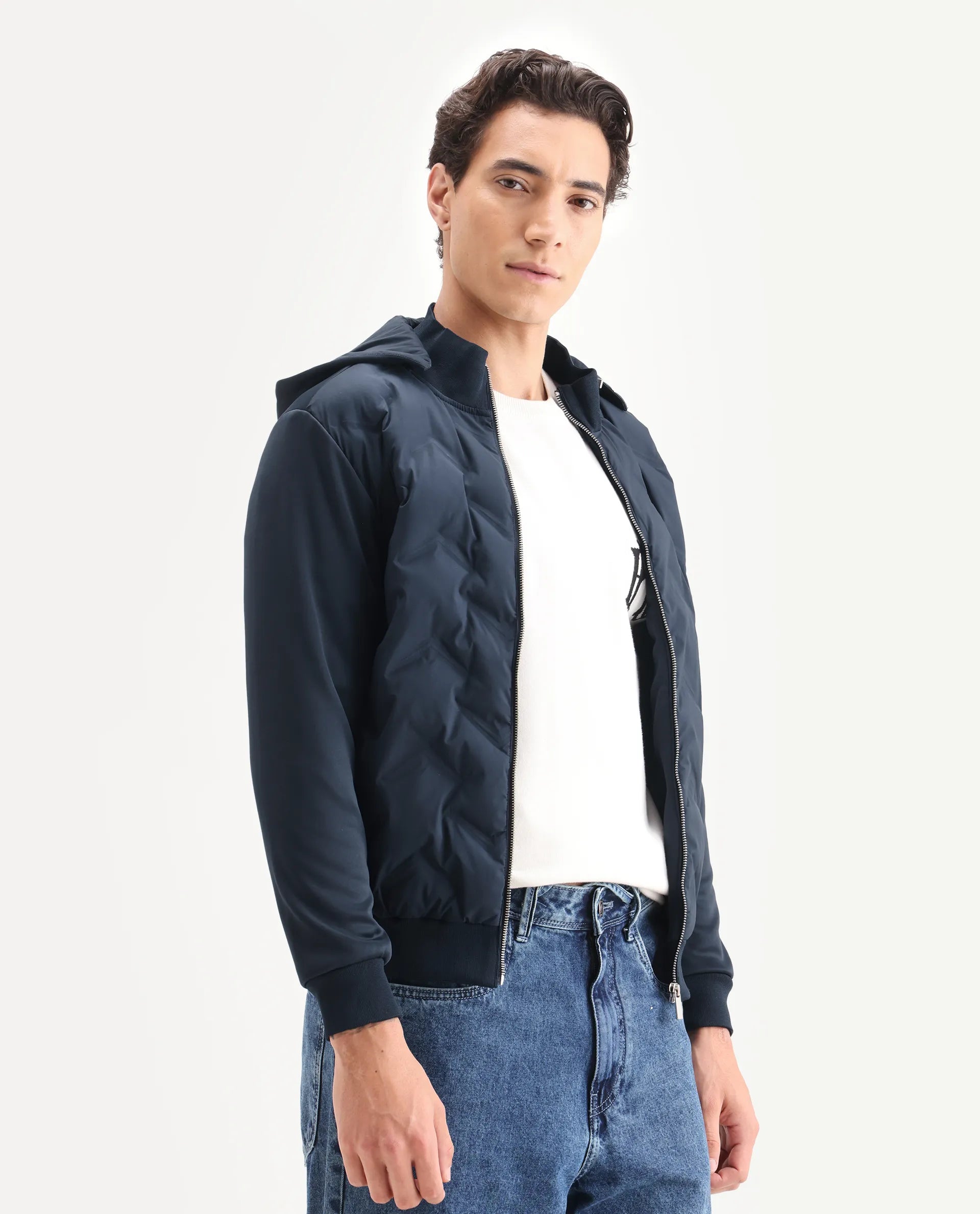 Rare Rabbit Men's Bonita Navy Polyester Plain Regular Fit Full Sleeve Hooded Jacket