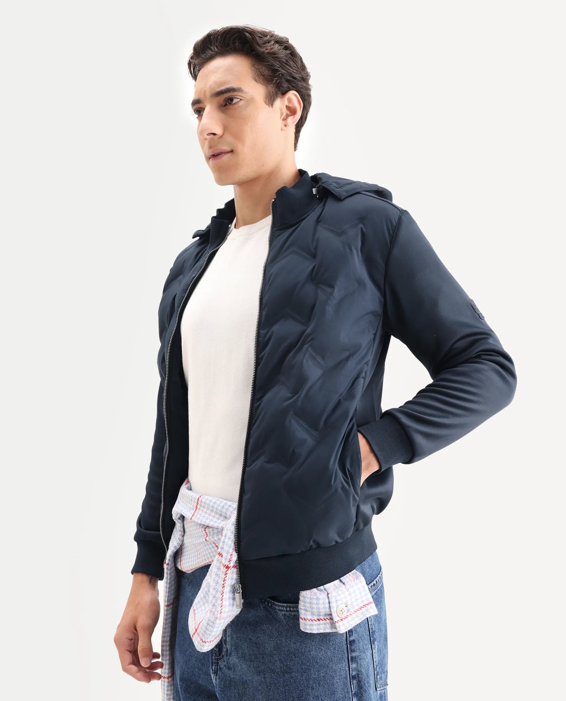 Rare Rabbit Men's Bonita Navy Polyester Plain Regular Fit Full Sleeve Hooded Jacket