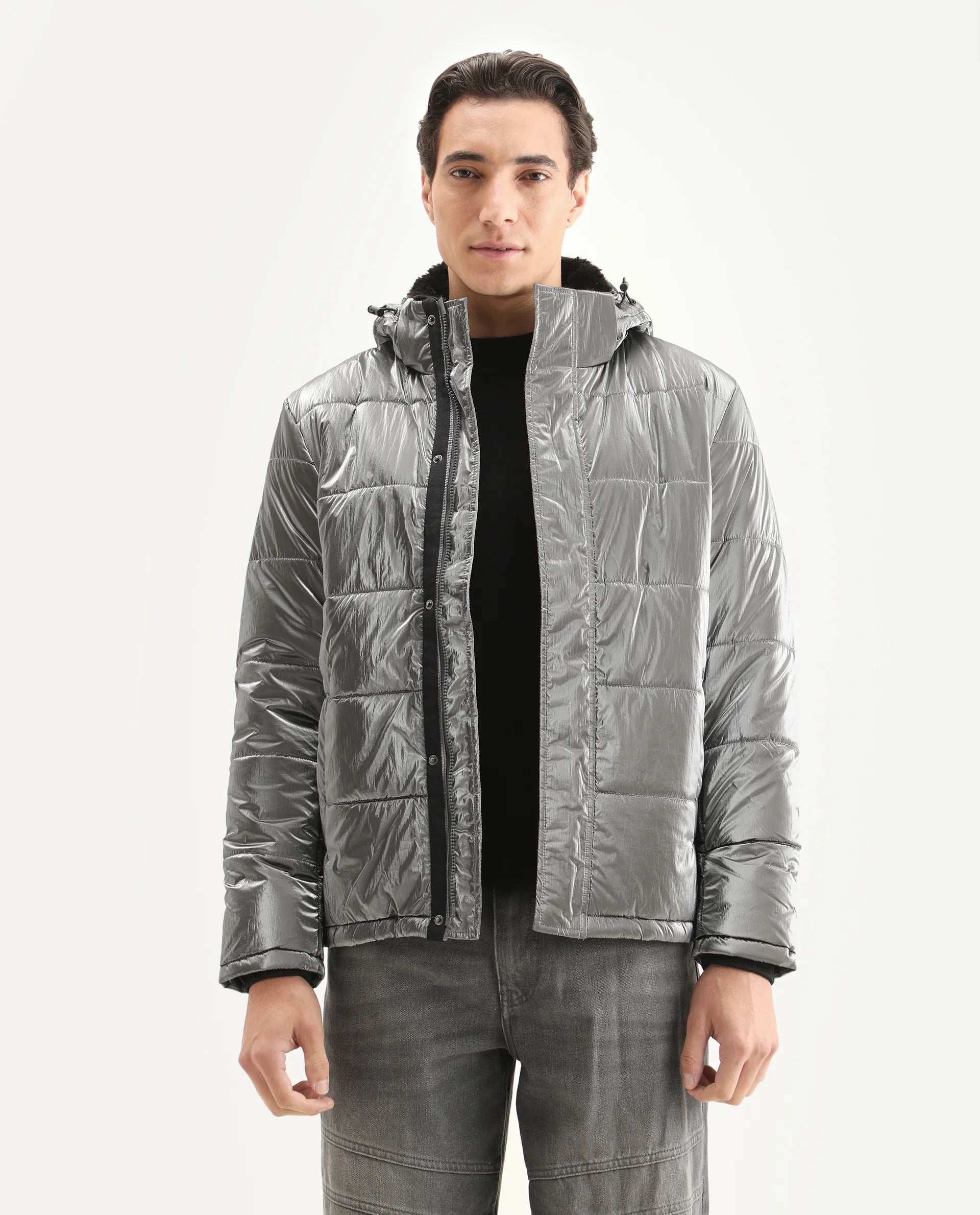 Rare Rabbit Men's Osad Dark Grey Polyester Plain Relaxed Fit Full Sleeve Hooded Jacket