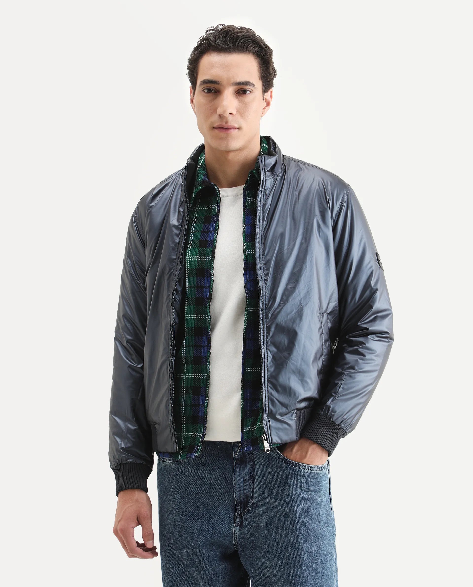 Rare Rabbit Men's Carpo Dark Petrol Polyester Plain Relaxed Fit Full Sleeve Mandarin Collar Jacket