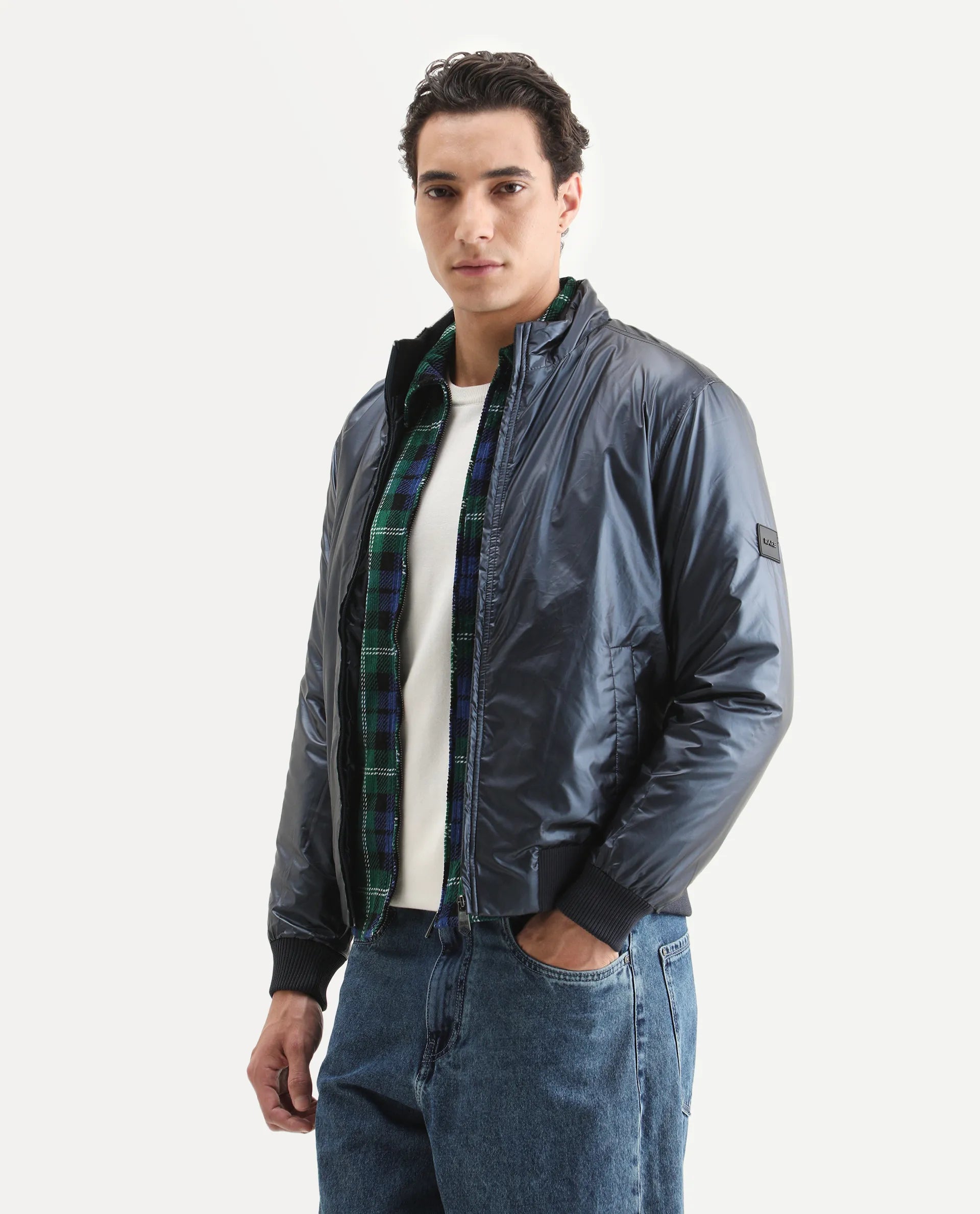 Rare Rabbit Men's Carpo Dark Petrol Polyester Plain Relaxed Fit Full Sleeve Mandarin Collar Jacket