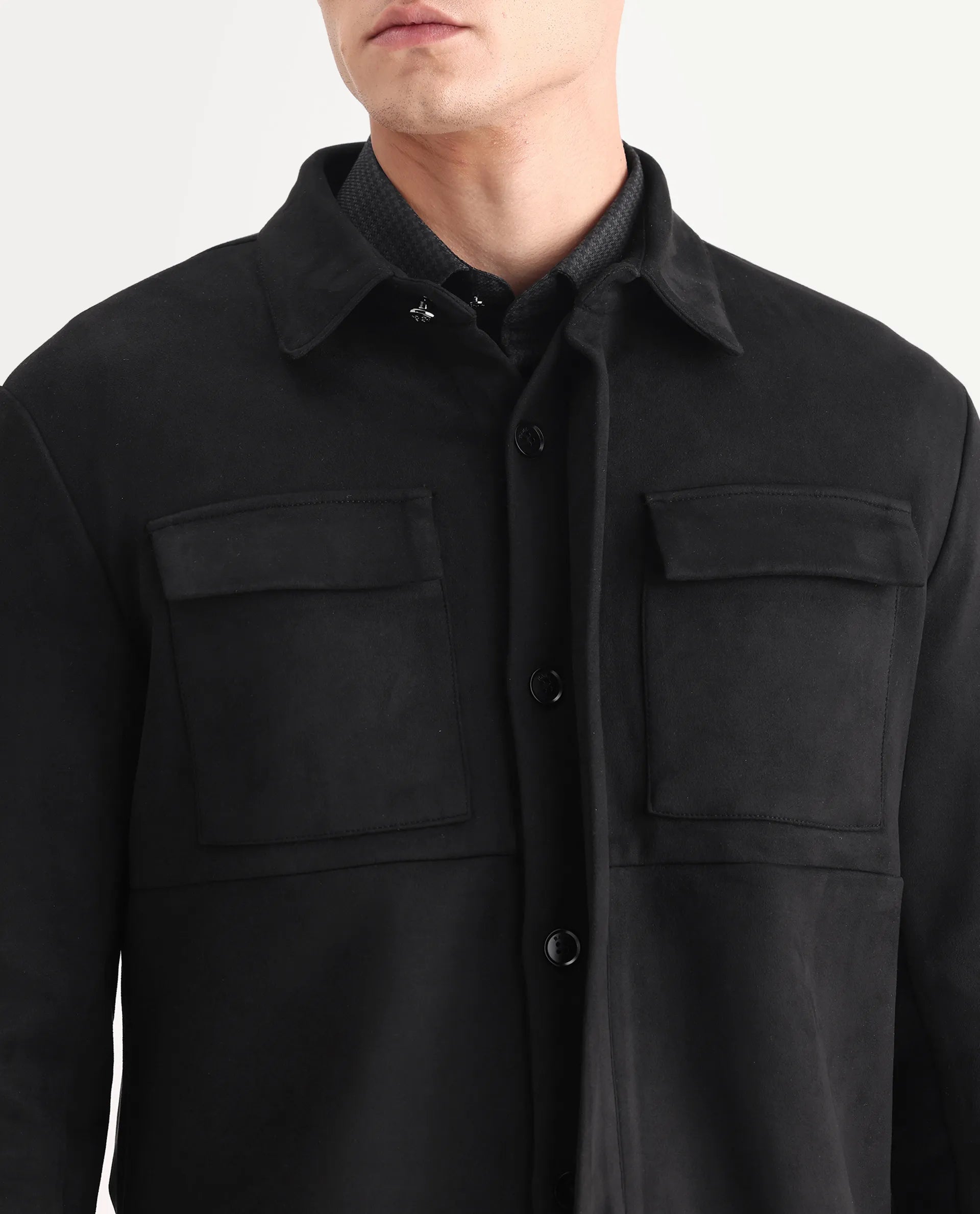 Rare Rabbit Men's Delk Black Suede Plain Regular Fit Full Sleeve Spread Collar Jacket