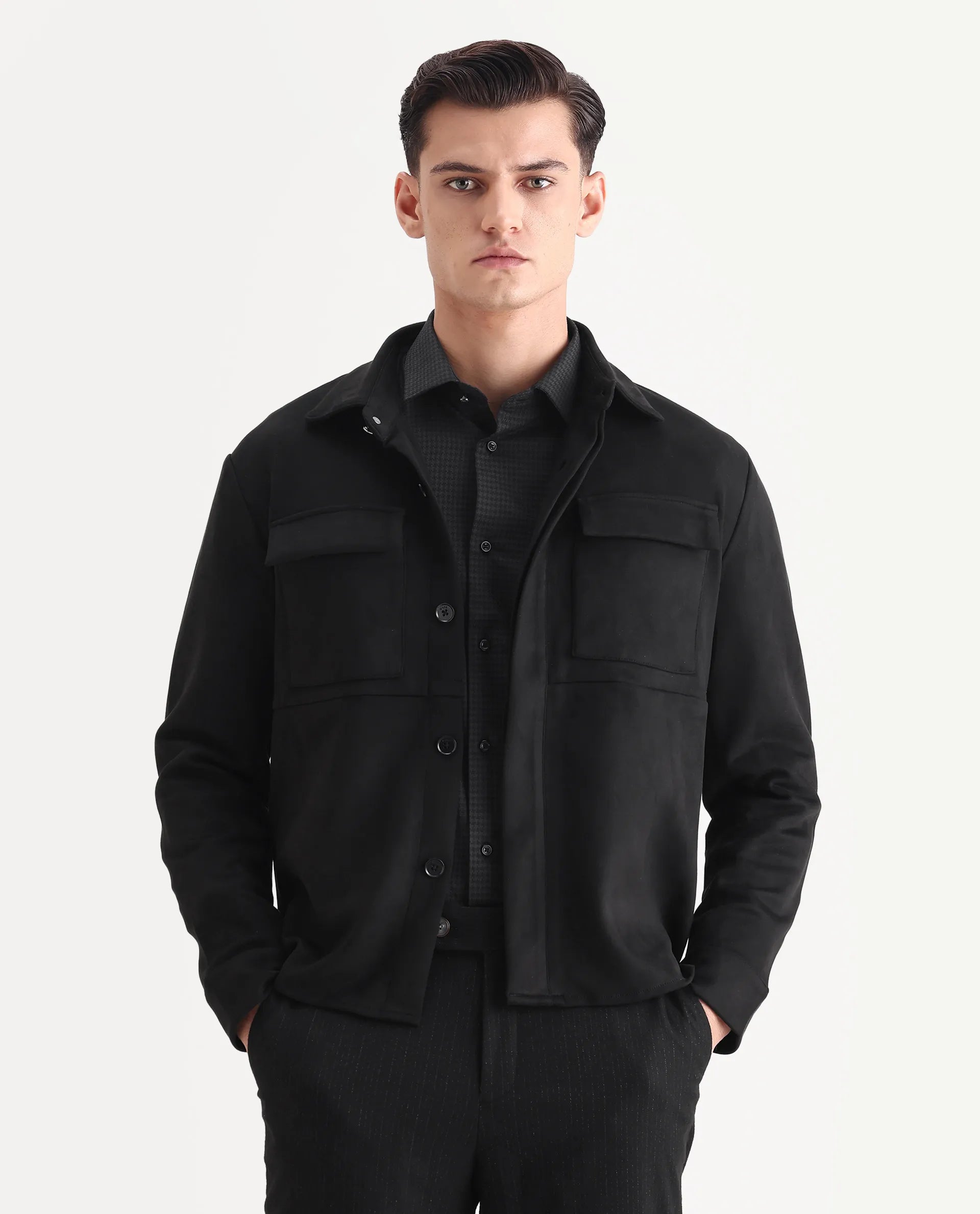 Rare Rabbit Men's Delk Black Suede Plain Regular Fit Full Sleeve Spread Collar Jacket