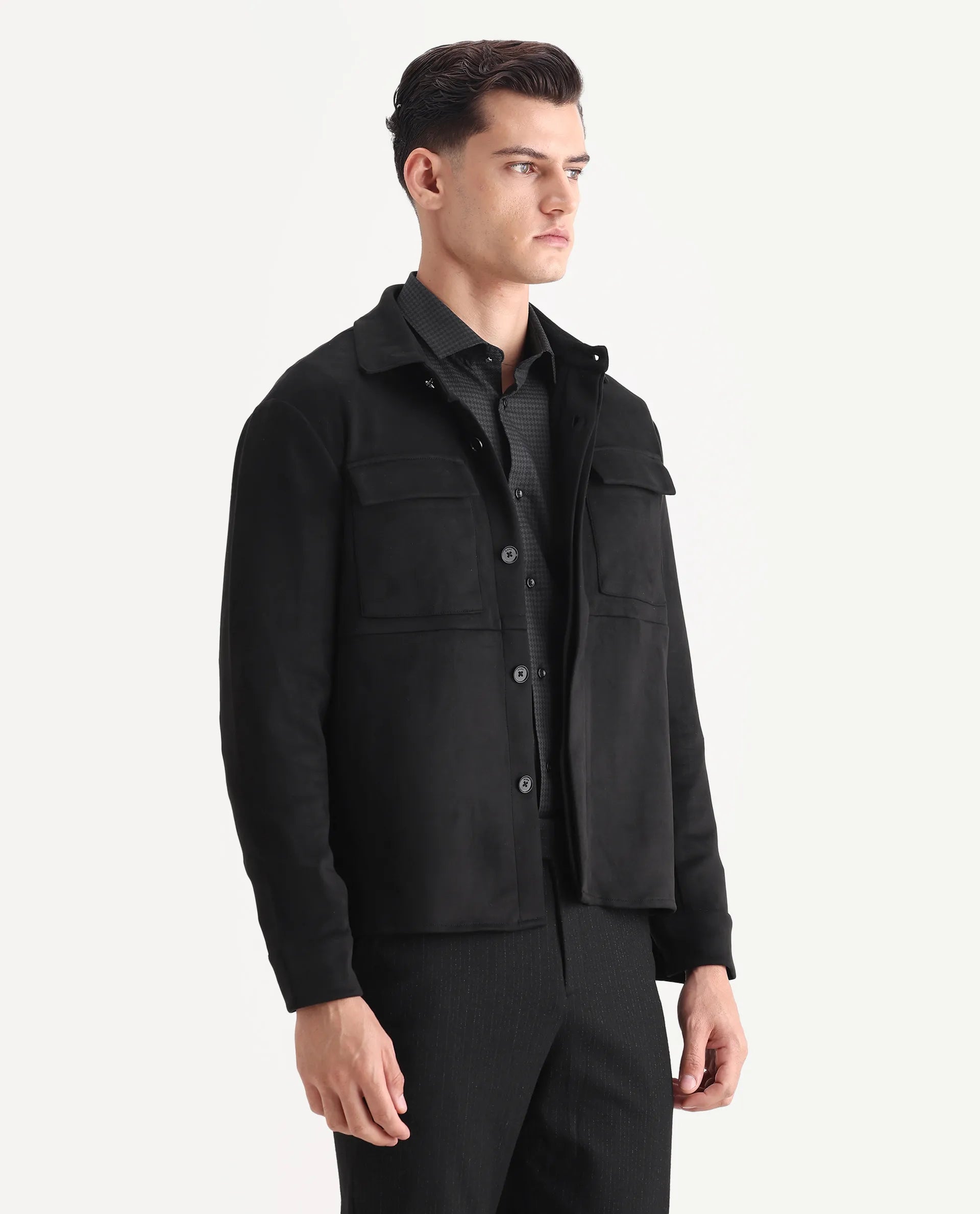 Rare Rabbit Men's Delk Black Suede Plain Regular Fit Full Sleeve Spread Collar Jacket