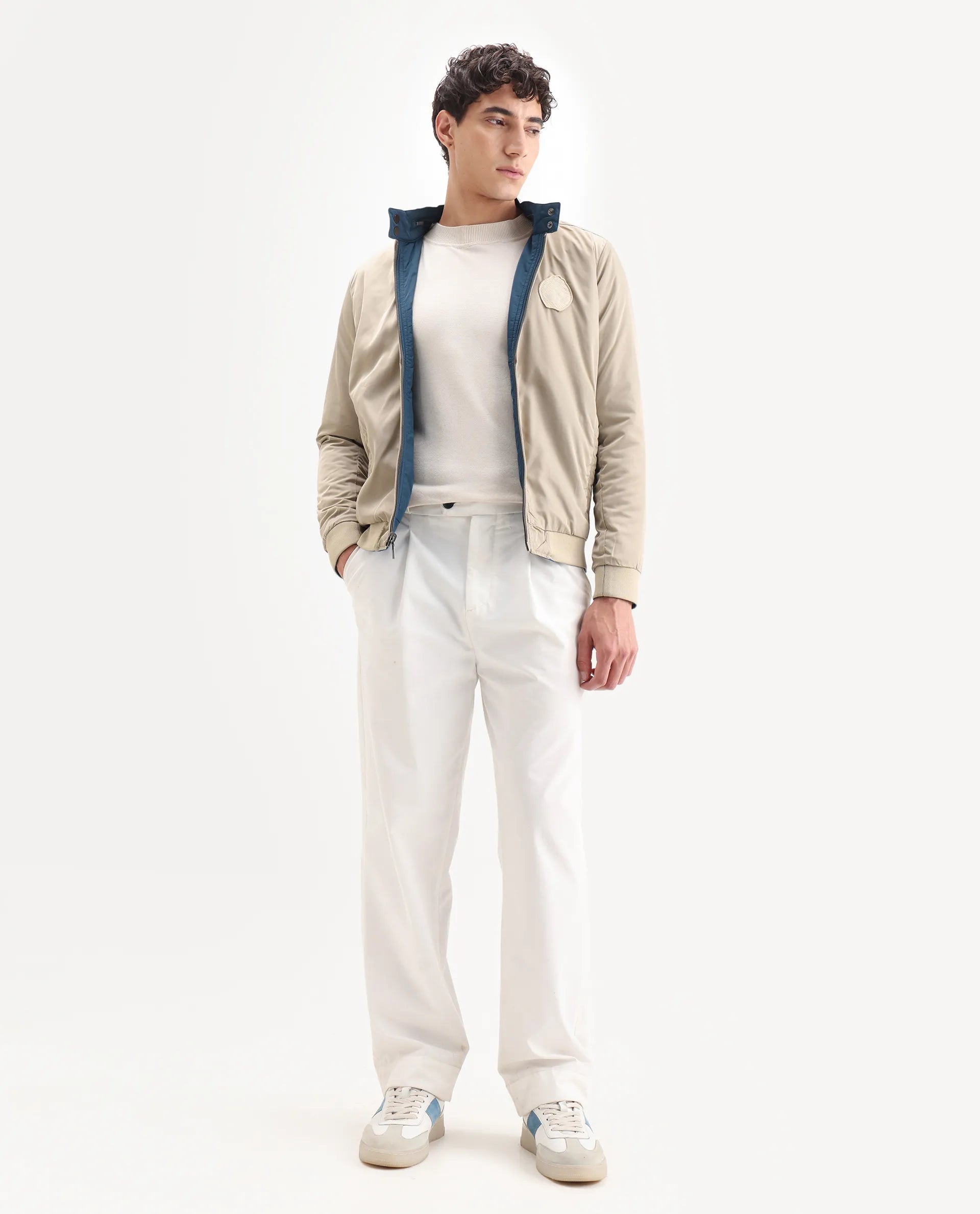 Rare Rabbit Men's Royban Beige Polyester Plain Regular Fit Full Sleeve Mandarin Collar Jacket