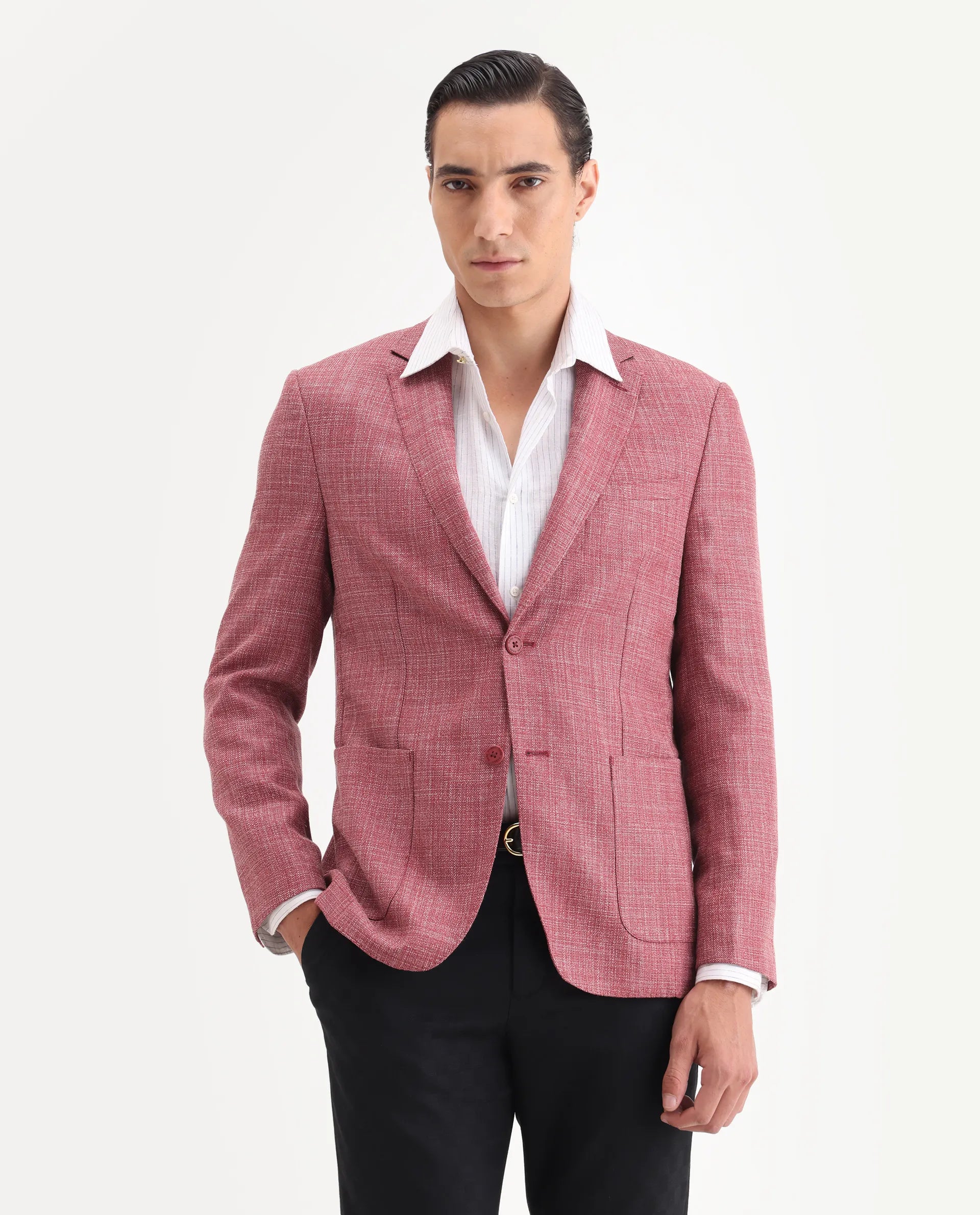 Rare Rabbit Men's Drew Red Polyester Plain Tailored Fit Full Sleeve Lapel Neck Blazer