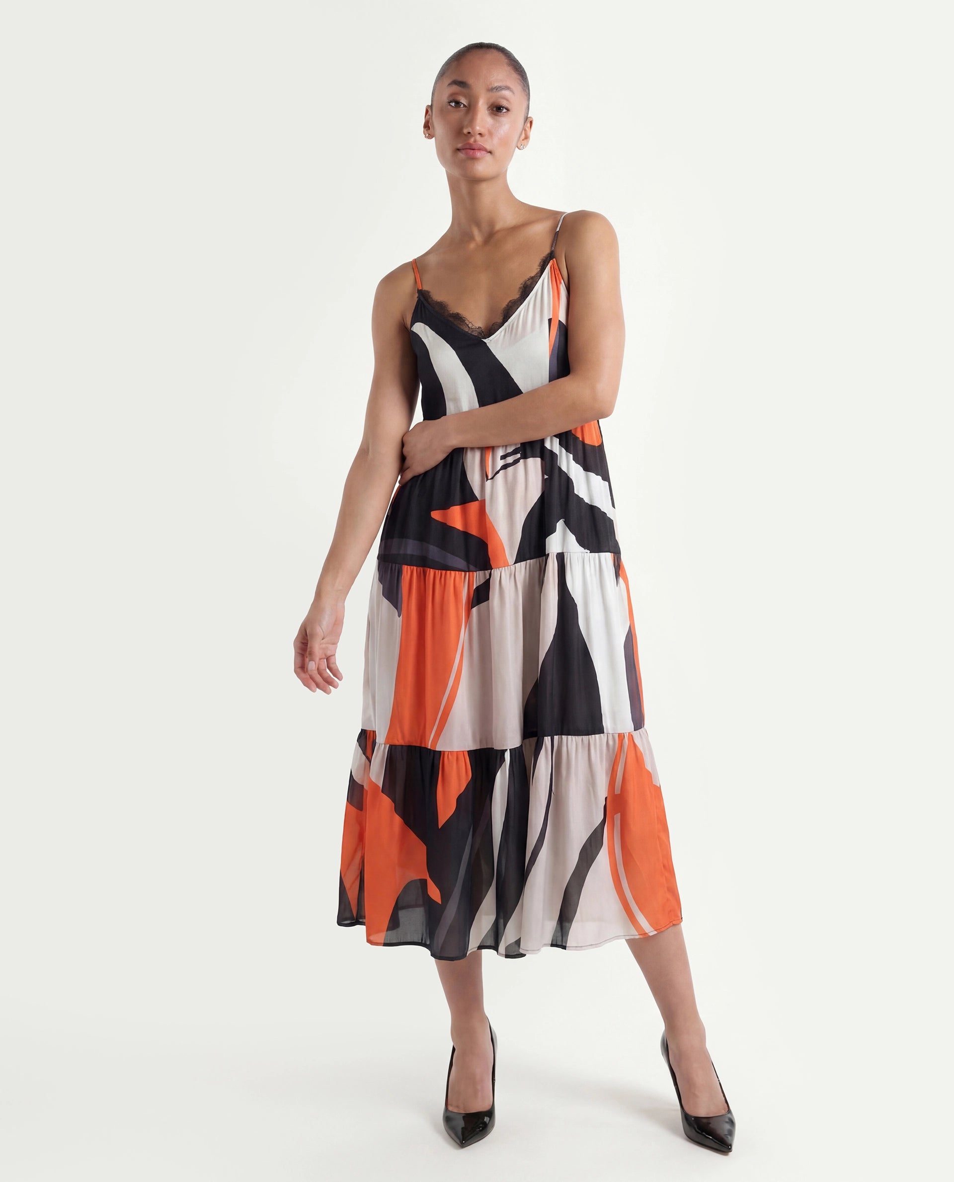 Rareism Women's Agans Multi Polyester V-Neck Abstract Print Shoulder Strap Maxi Regular Fit Dress