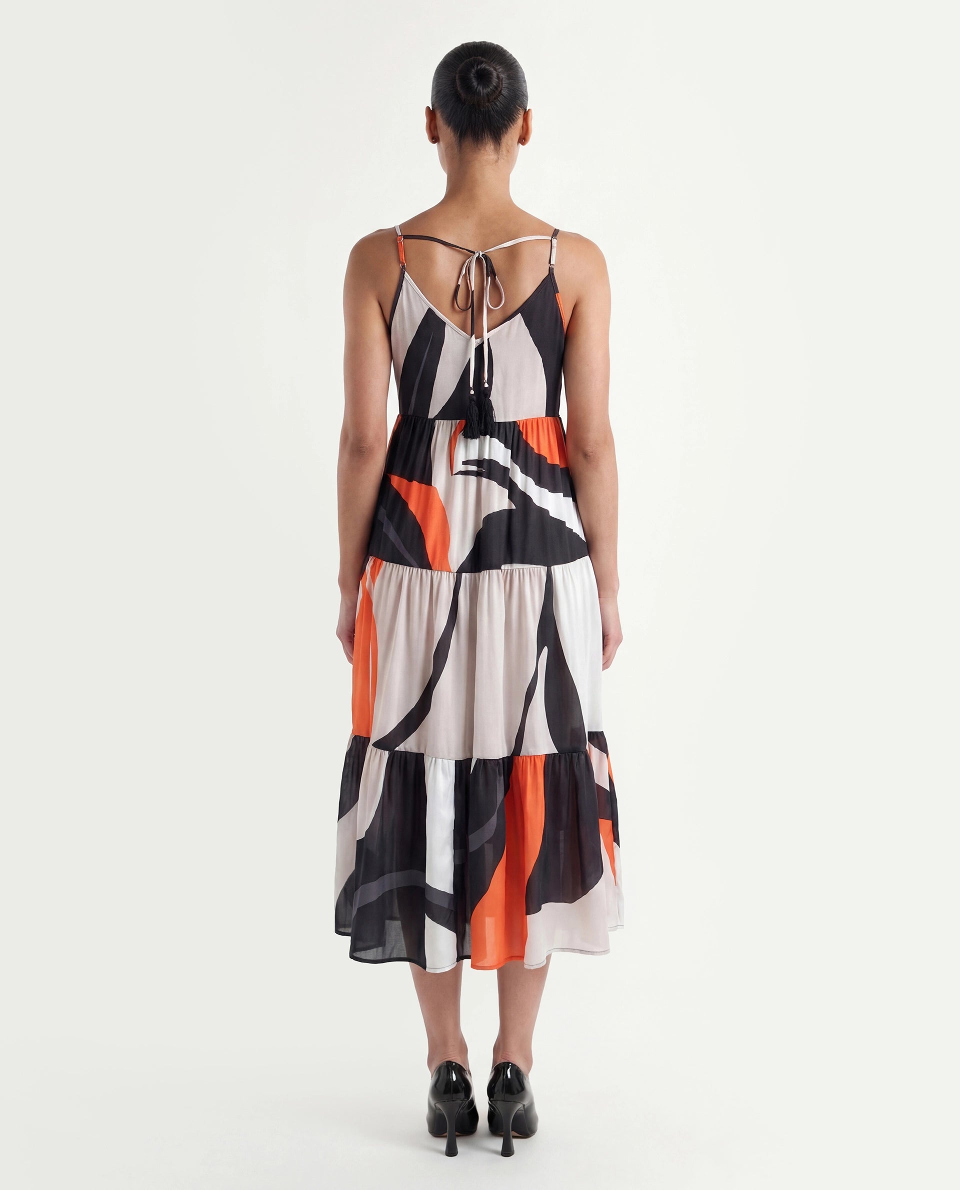 Rareism Women's Agans Multi Polyester V-Neck Abstract Print Shoulder Strap Maxi Regular Fit Dress