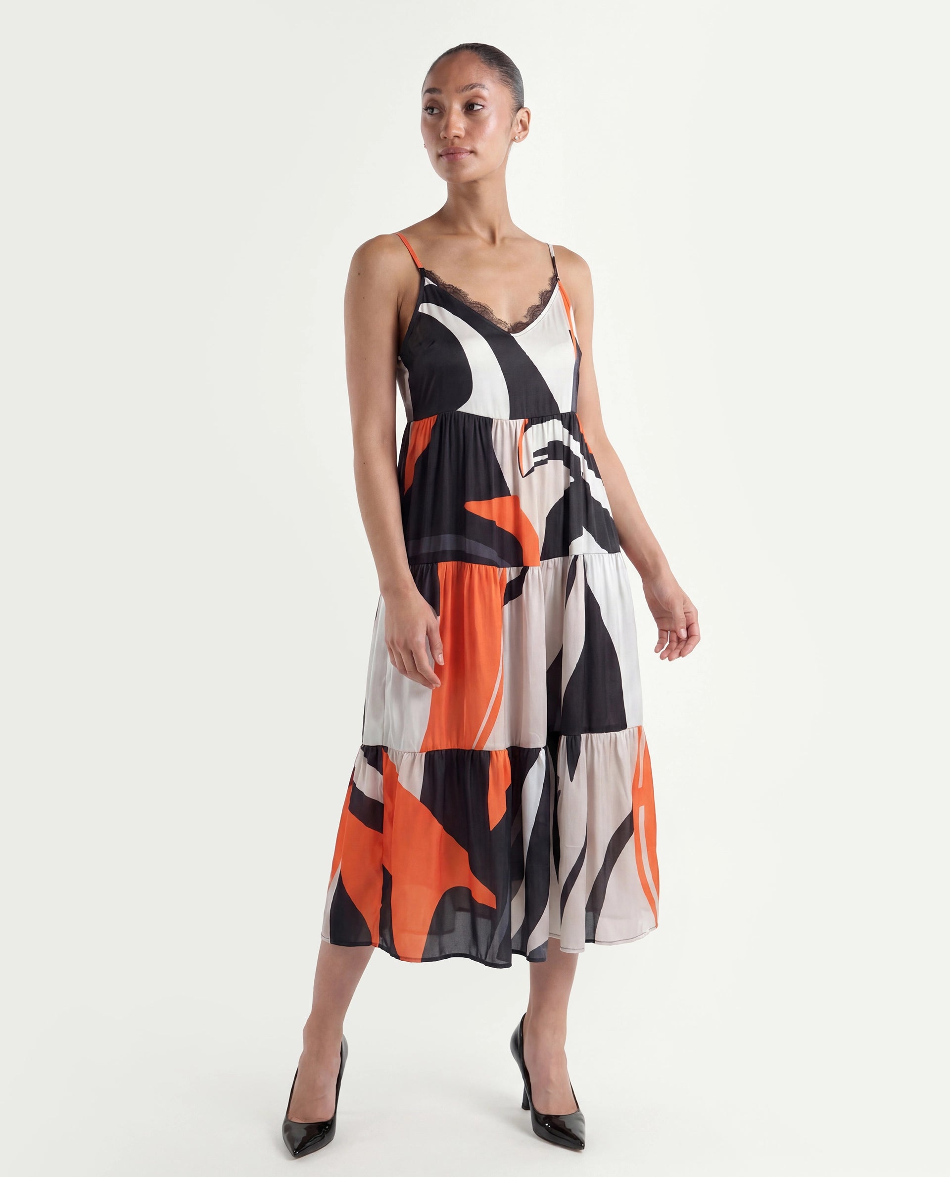 Rareism Women's Agans Multi Polyester V-Neck Abstract Print Shoulder Strap Maxi Regular Fit Dress