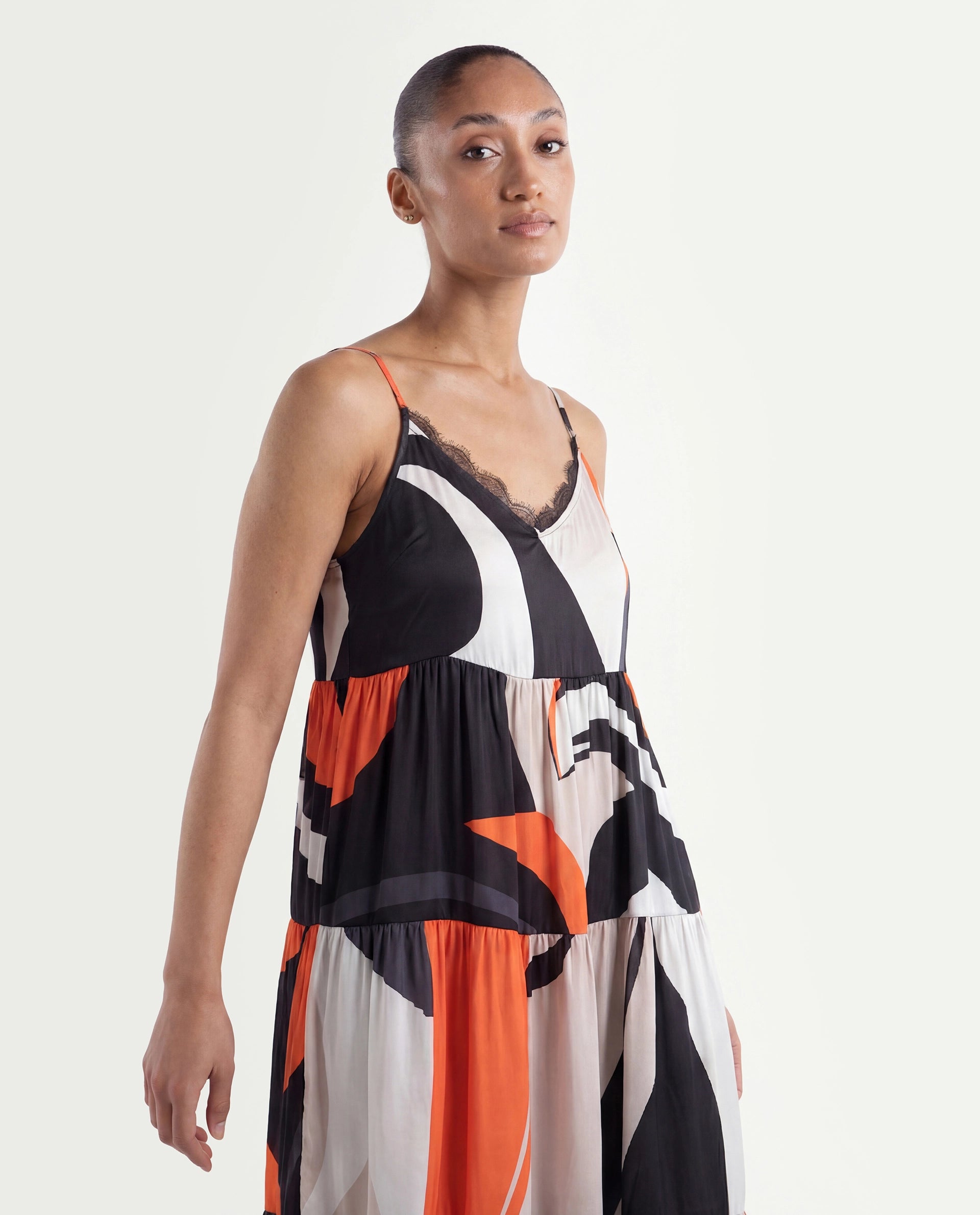 Rareism Women's Agans Multi Polyester V-Neck Abstract Print Shoulder Strap Maxi Regular Fit Dress