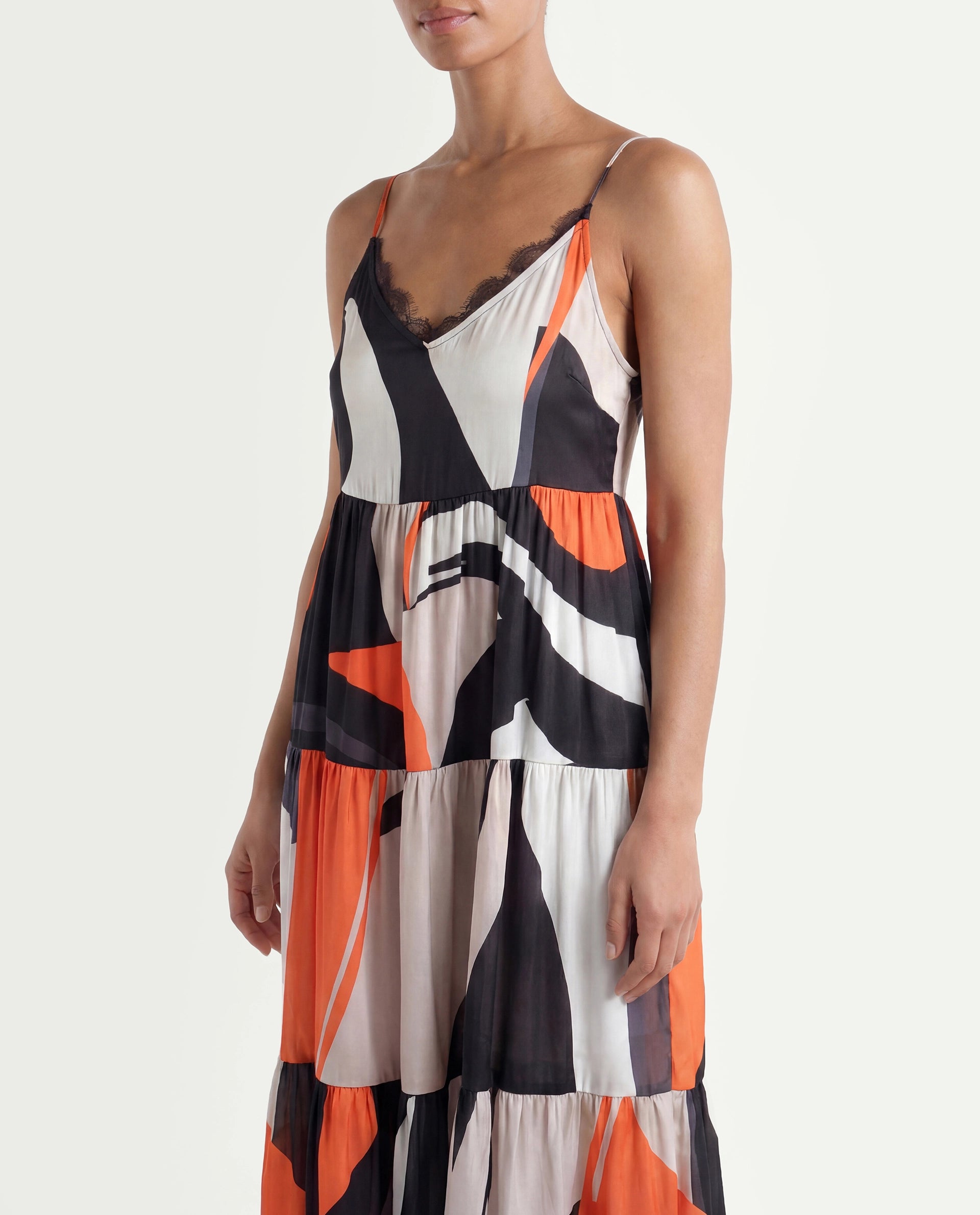 Rareism Women's Agans Multi Polyester V-Neck Abstract Print Shoulder Strap Maxi Regular Fit Dress