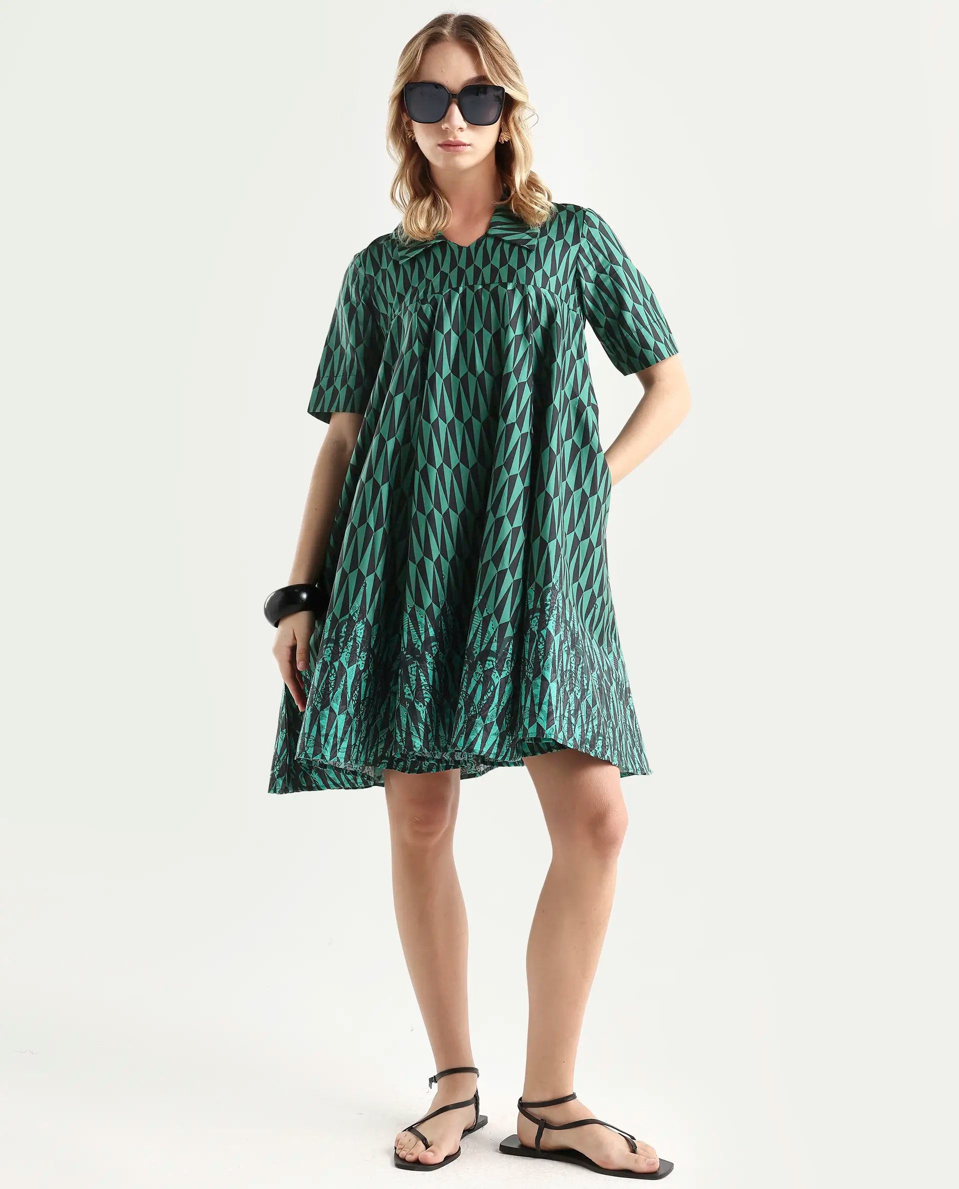 Rareism Women's Carolin Green Cotton Spread Collar Geometric Print Knee Length Fit And Flare Dress