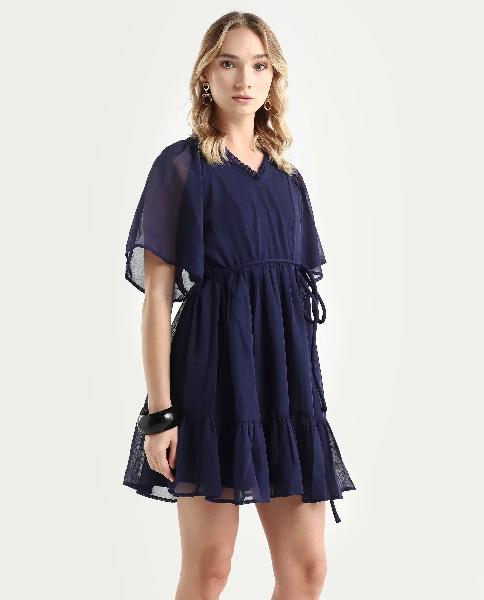 Rareism Women's Hocker Navy Polyester V-Neck Plain Flutter Sleeve Mini Regular Fit Dress