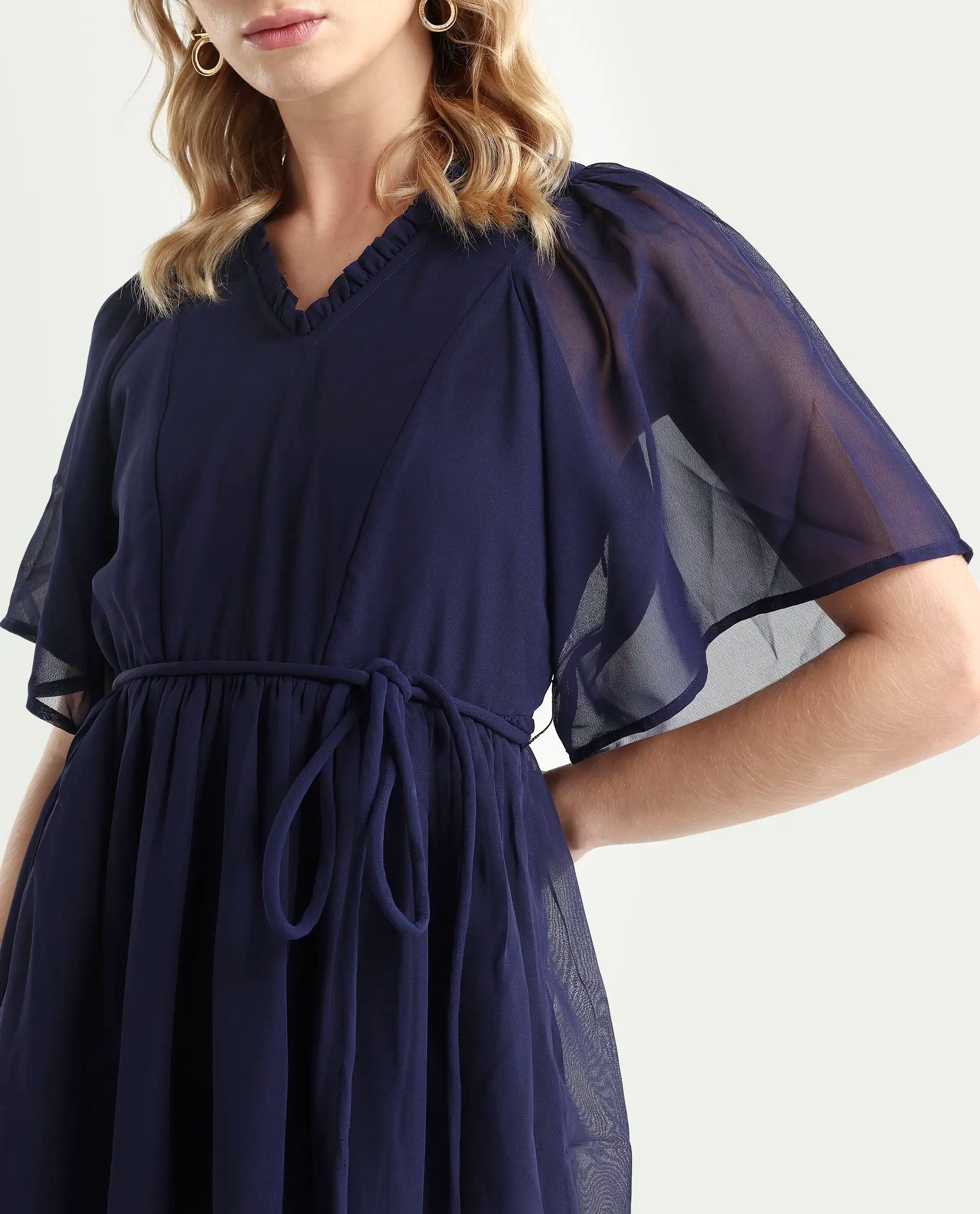 Rareism Women's Hocker Navy Polyester V-Neck Plain Flutter Sleeve Mini Regular Fit Dress