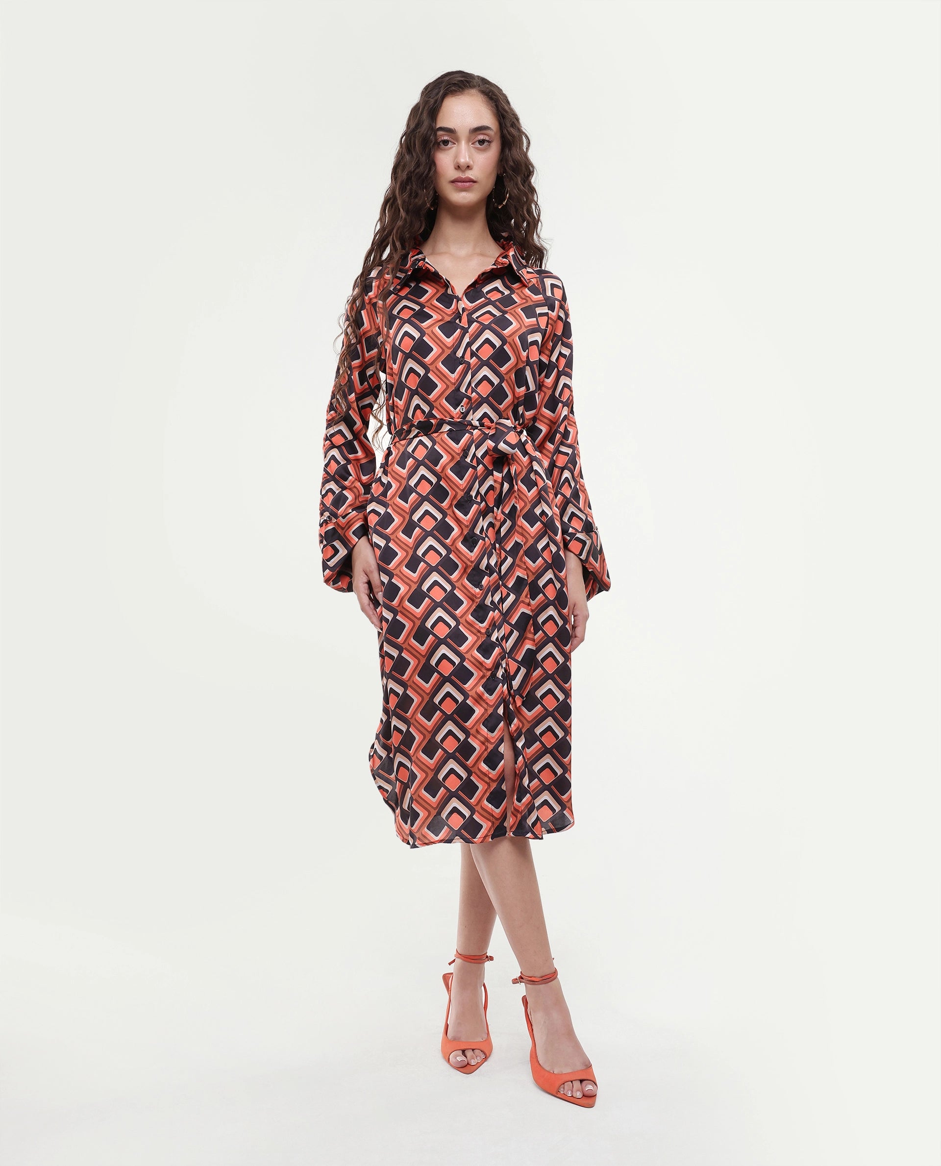 Rareism Women's Zwerg Orange Polyester Spread Collar Geometric Print Raglan Sleeve Knee Length Regular Fit Dress