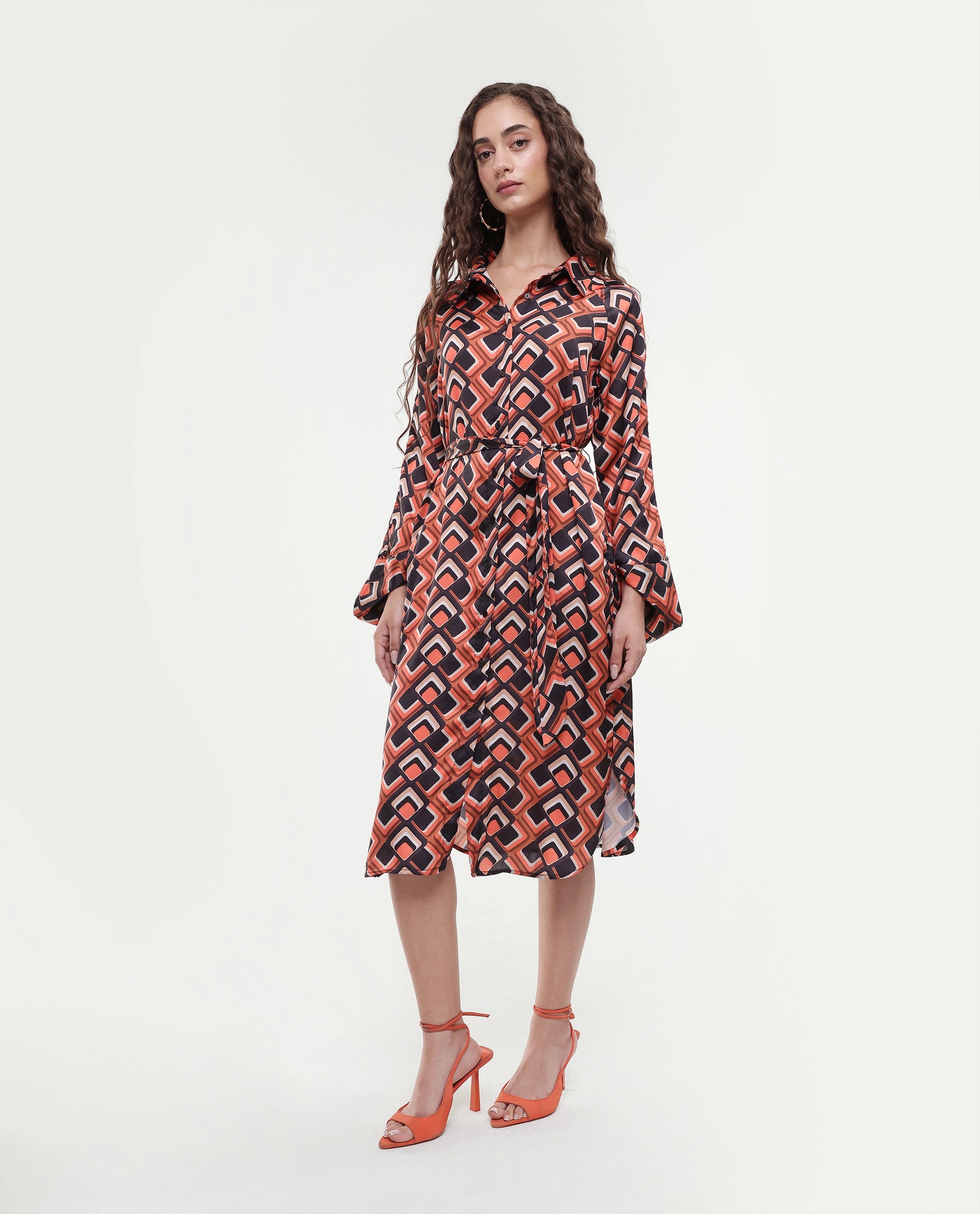 Rareism Women's Zwerg Orange Polyester Spread Collar Geometric Print Raglan Sleeve Knee Length Regular Fit Dress