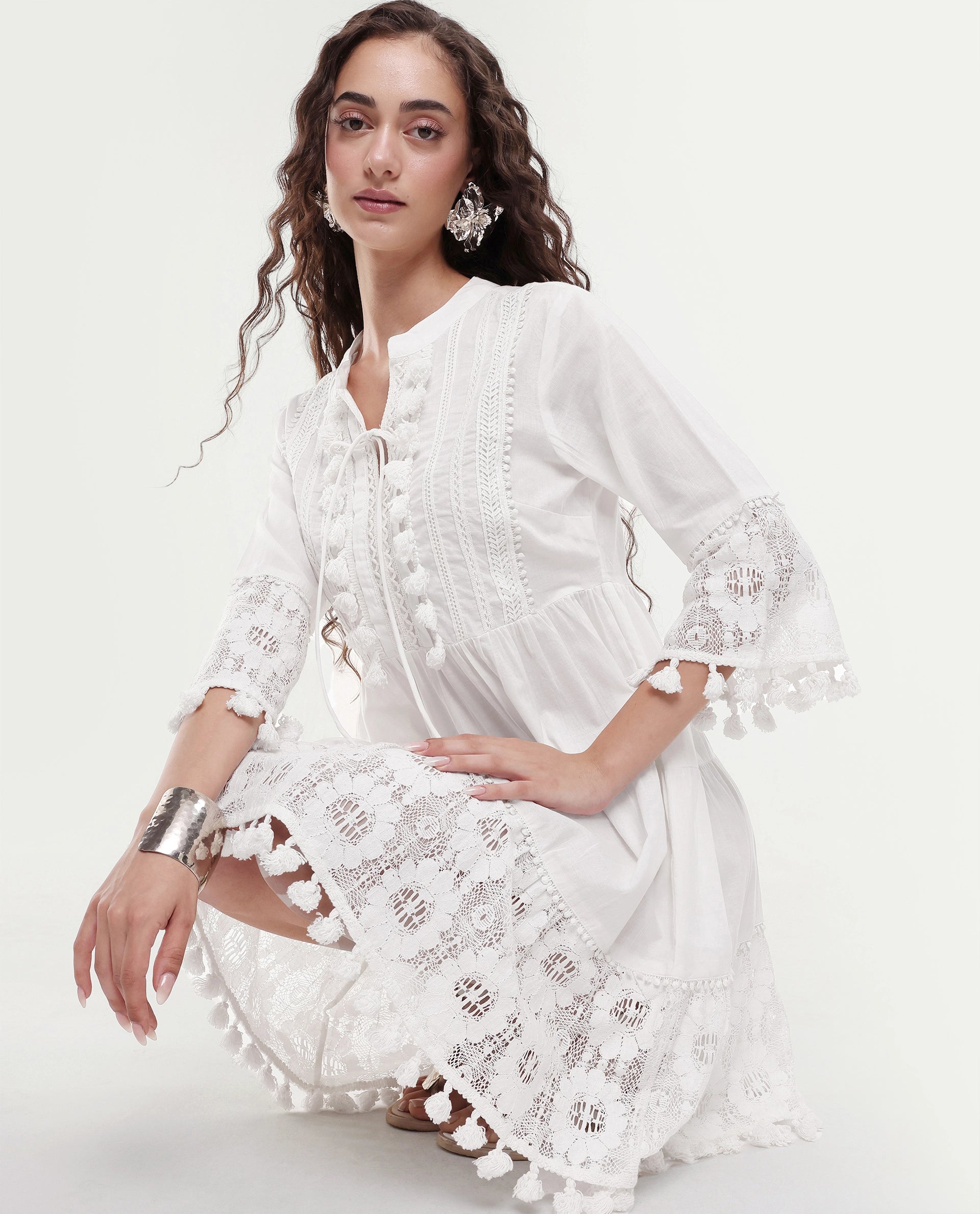 Rareism Women's Andarin White Cotton Tie-Up Neck Plain Bell Sleeve Knee Length Regular Fit Dress