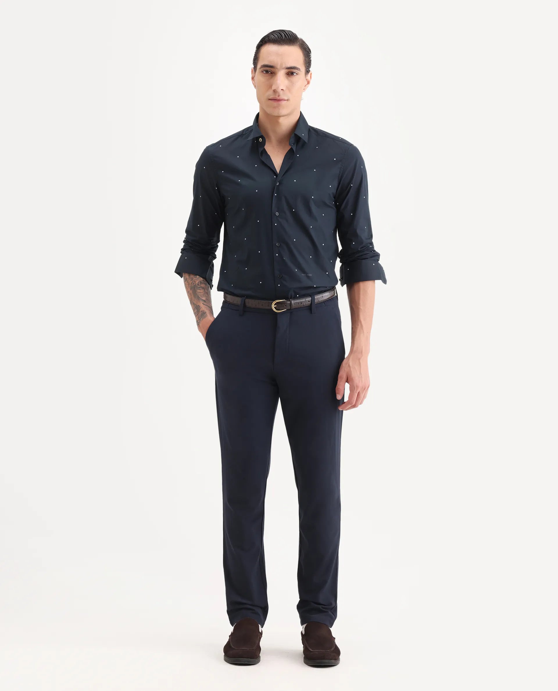 Rare Rabbit Men's Plutoo Black Cotton Polka Print Tailored Fit Full Sleeve Collared Shirt