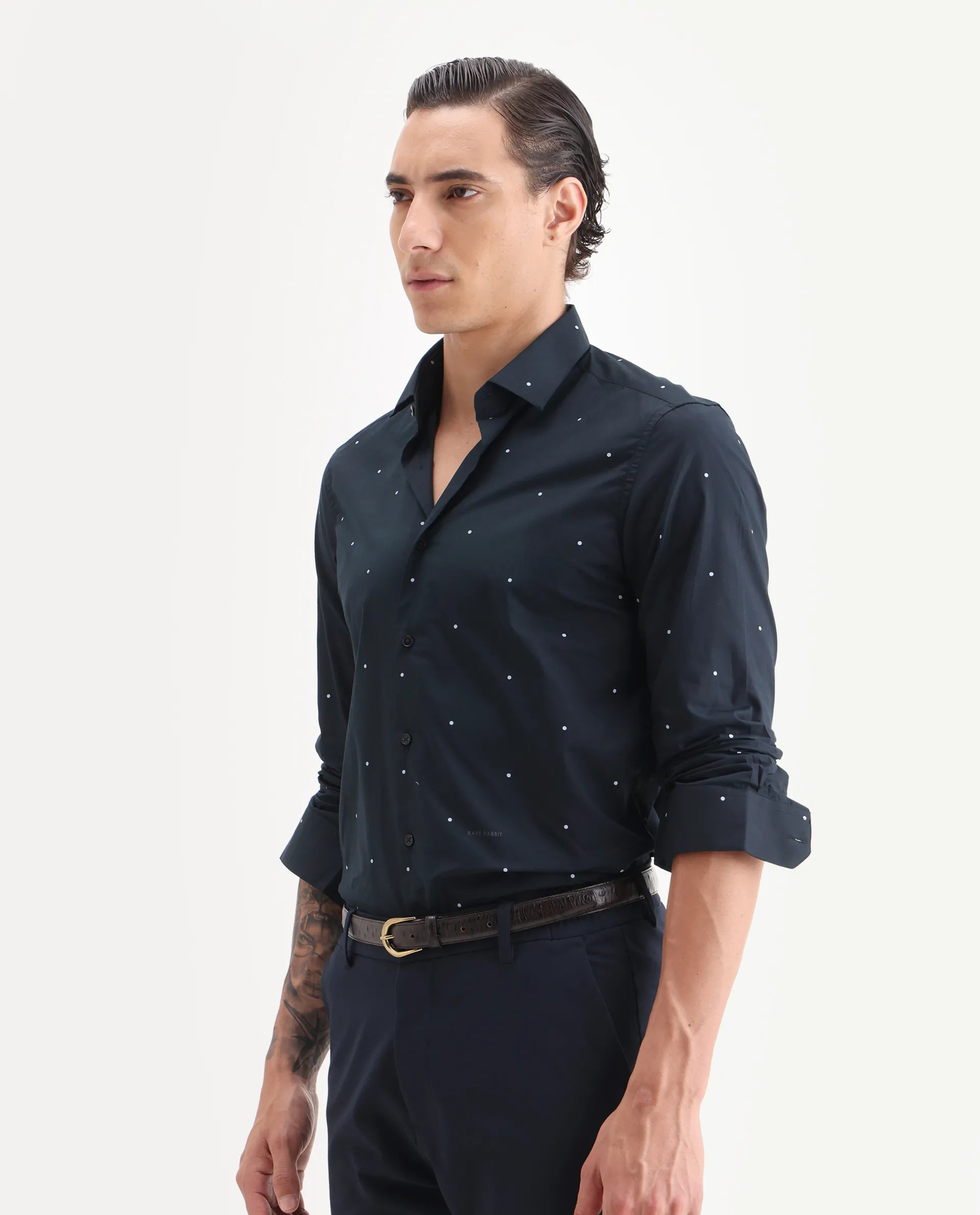 Rare Rabbit Men's Plutoo Black Cotton Polka Print Tailored Fit Full Sleeve Collared Shirt